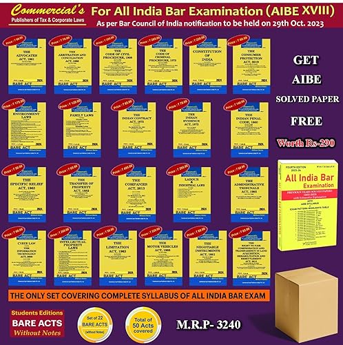 COMMERCIAL’S STUDENTS EDITION BARE ACTS WITHOUT NOTES FOR ALL INDIA BAR EXAMINATION ( SET OF 22 BOOKS ) WITH FREE AIBE SOLVED PAPER of Whitesmann Publication ( Woth Rs-290) EDITION 2024
