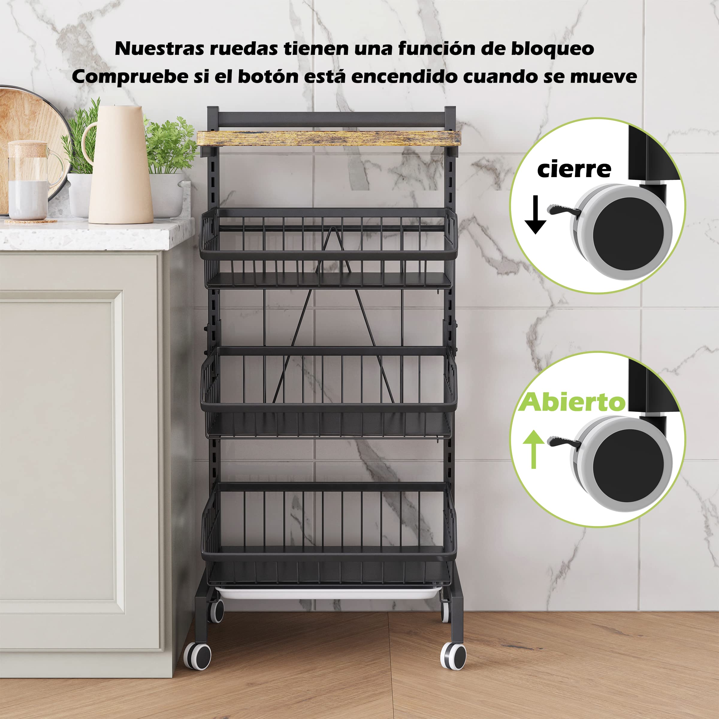COVAODQ Carrito Cocina,Carro de 4 Niveles con de Cesta Ruedas bloqueables,para el hogar,Restaurante(Tabla de Madera)