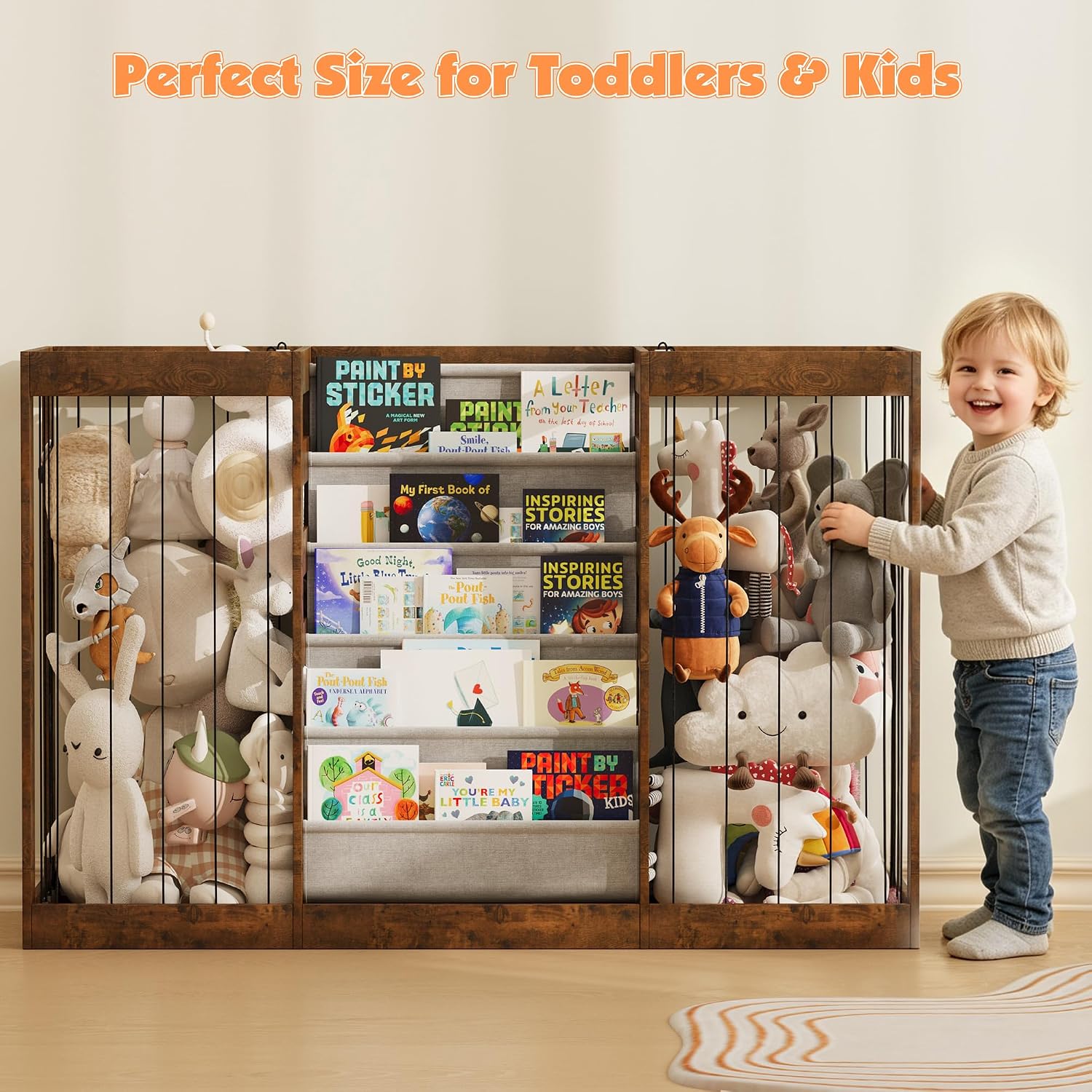 NACHES Montessori Kids Bookshelf with Enclosed Toy Storage, Dual Mesh Bins for Stuffed Animals, Front-Facing Book Organizer for Toddlers Playroom Bedroom (Rustic Brown)