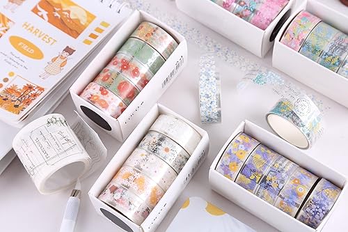 Miniatura 5 de YUBBAEX Juego de 5 rollos de cinta washi floral, patrones de flores decorativas para mascotas, cintas adhesivas transparentes para artes,