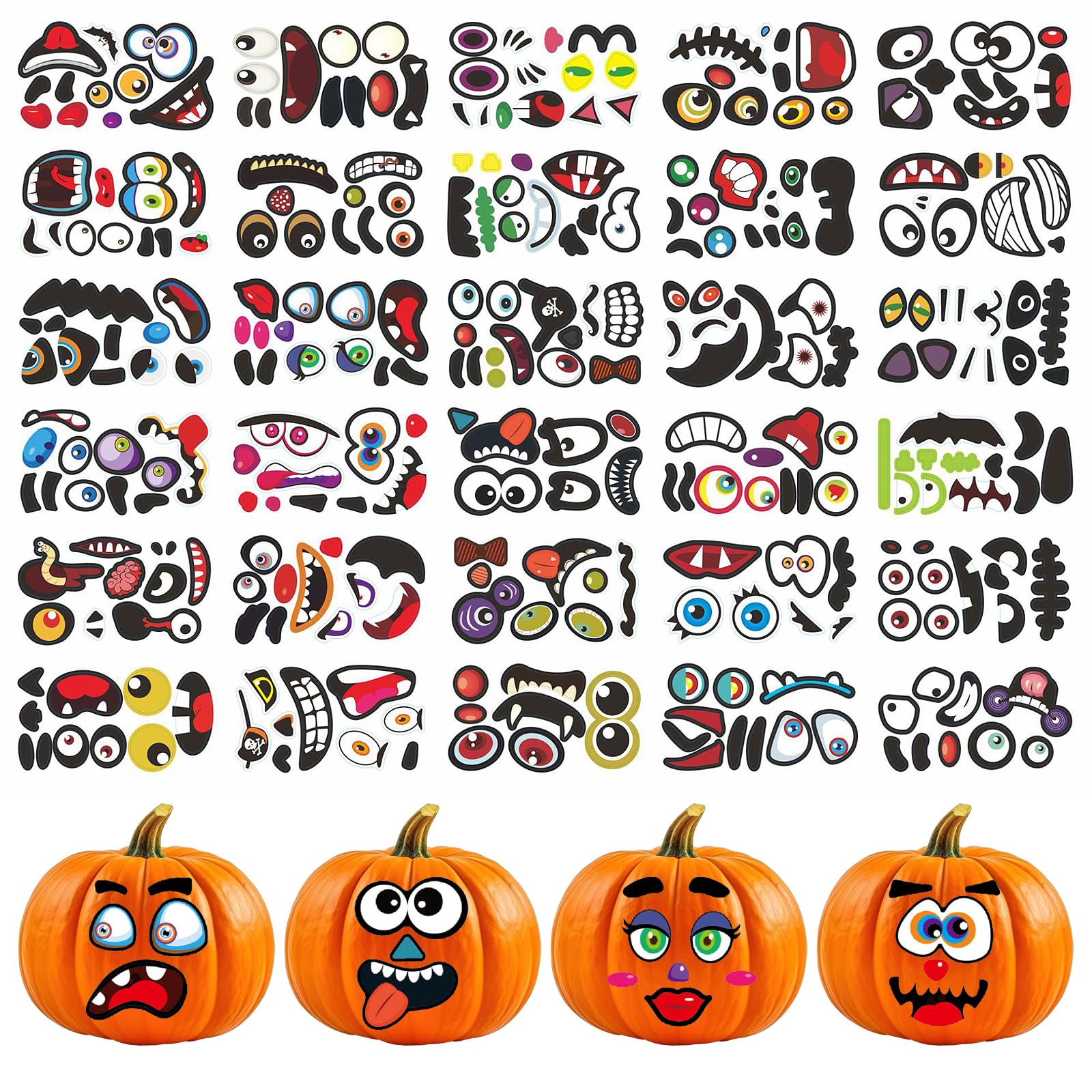 30 Pcs Pumpkin Face Stickers, Pumpkin Face Vinyl Decal Sticker, Halloween Crafts for Kids, Decorating Kit for Craft Party