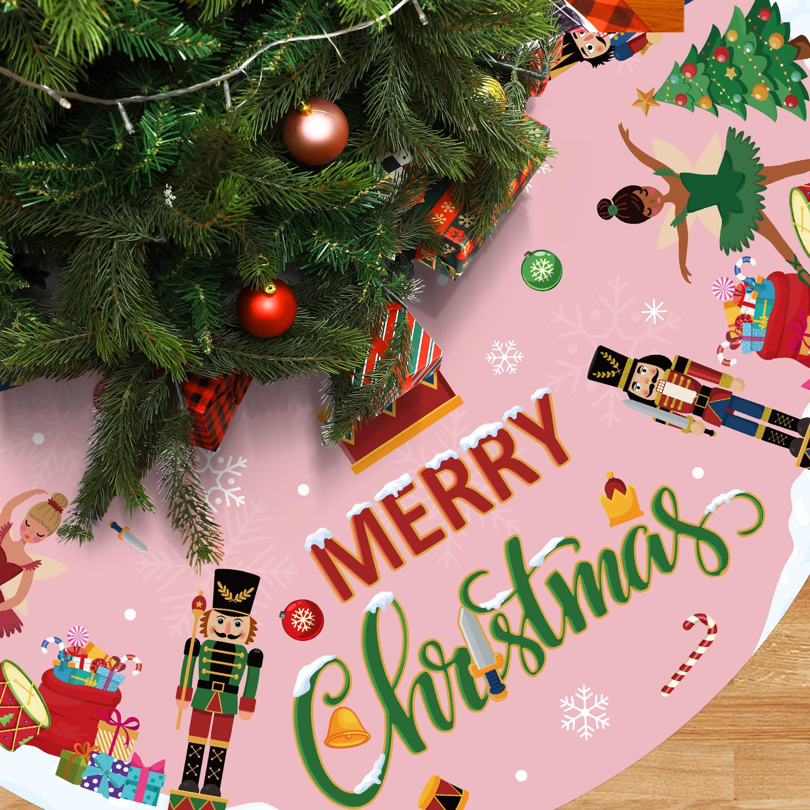 Blosssound Christmas Nutcracker Tree Skirt 48 Inch Nutcracker Christmas Tree Decorations Vintage Xmas Tree Mat with Cartoon Soldier Drum Snowflake for Holiday Winter Party Ornaments Indoor(Pink)
