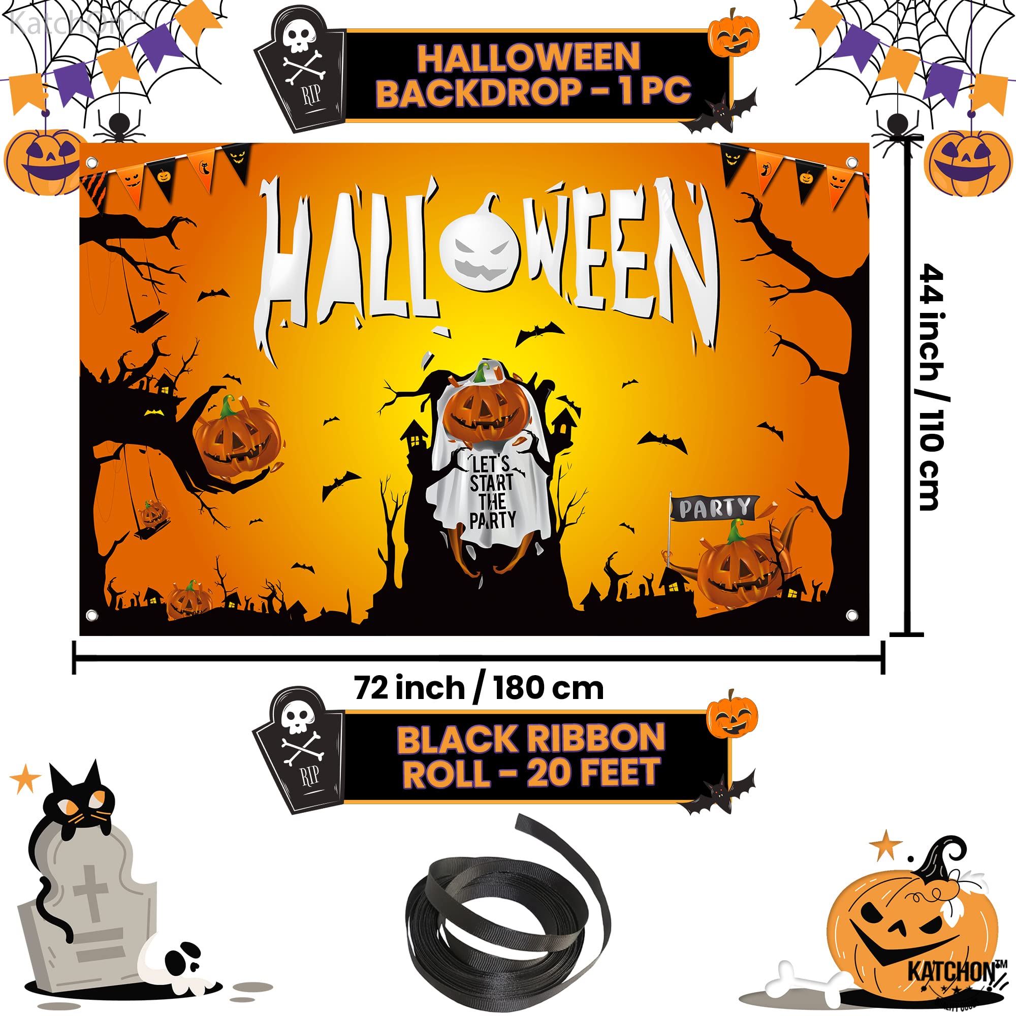 Happy Halloween Banner - 72x44 Inch Giant Ghost House Backdrop, Cloth Fabric, For Indoor/Outdoor Party Decor