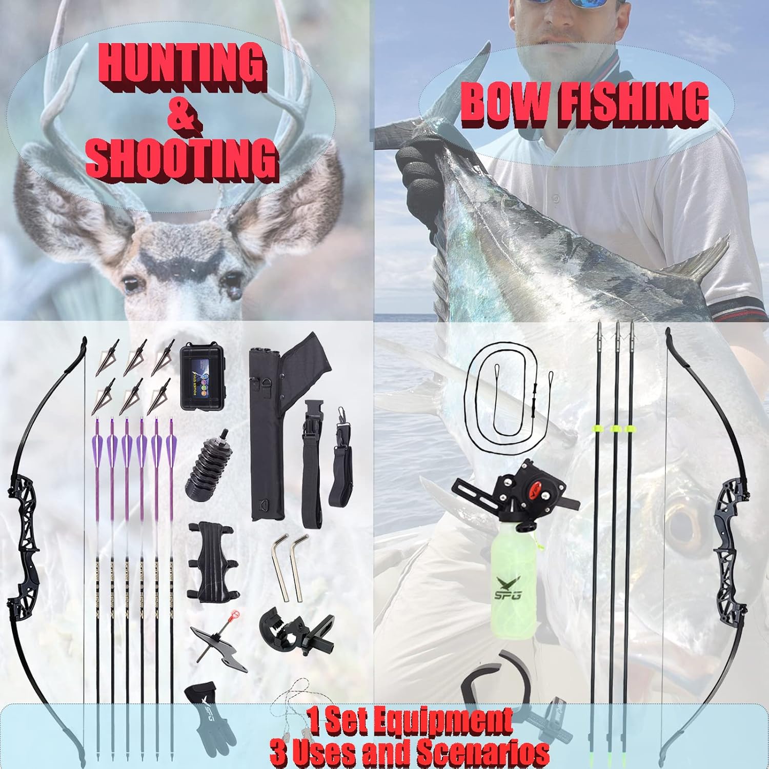SOPOGER Bowfishing Recurve Bows Set - Archery Bow Kits Package Dual Use for Adult Hunting Practice Shooting Fish with Solid Fishing Arrows and Bowfishing Bottle Reels