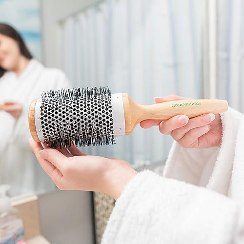 Miniatura 6 de Cepillo de pelo de barril de cerámica para mujer, cepillo redondo grande de 3.0 pulgadas para peinado térmico e iónico, madera natural con cerdas de