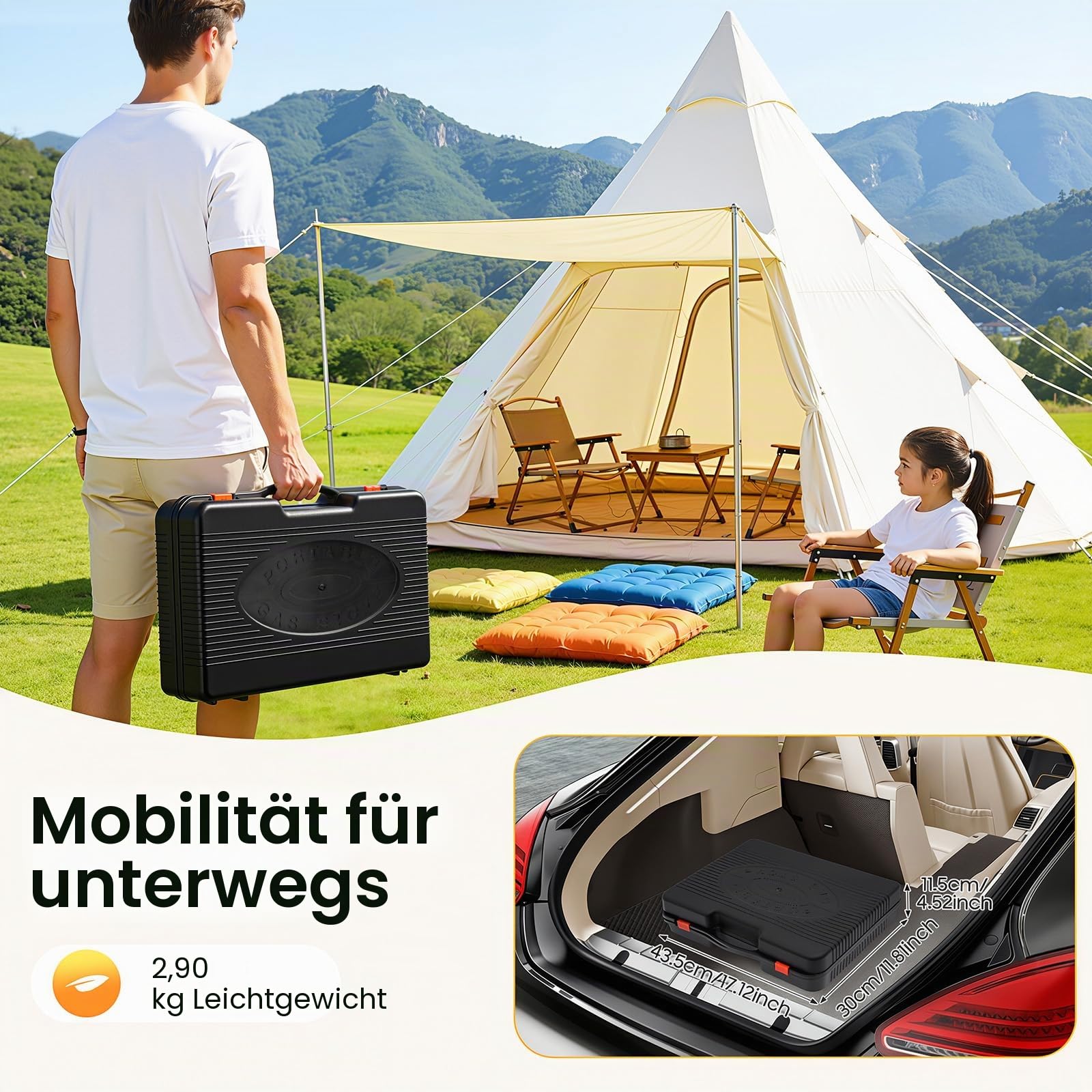 Camping Gasgrill & Gaskocher Outdoor, 2200W Tischgrill Gas Campinggrill Überspannungsschutz mit Fettbehälter, Koffer & 2 Grillnetz, Klein Tischgasgrill Tragbarer für Camping, Terrasse