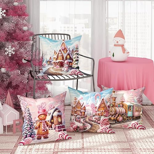 Miniatura 2 de Juego de 4 fundas de almohada de casa de jengibre navideño, hombre de jengibre, nieve, árbol de Navidad, vacaciones, lino rosa, acogedor, lavable,