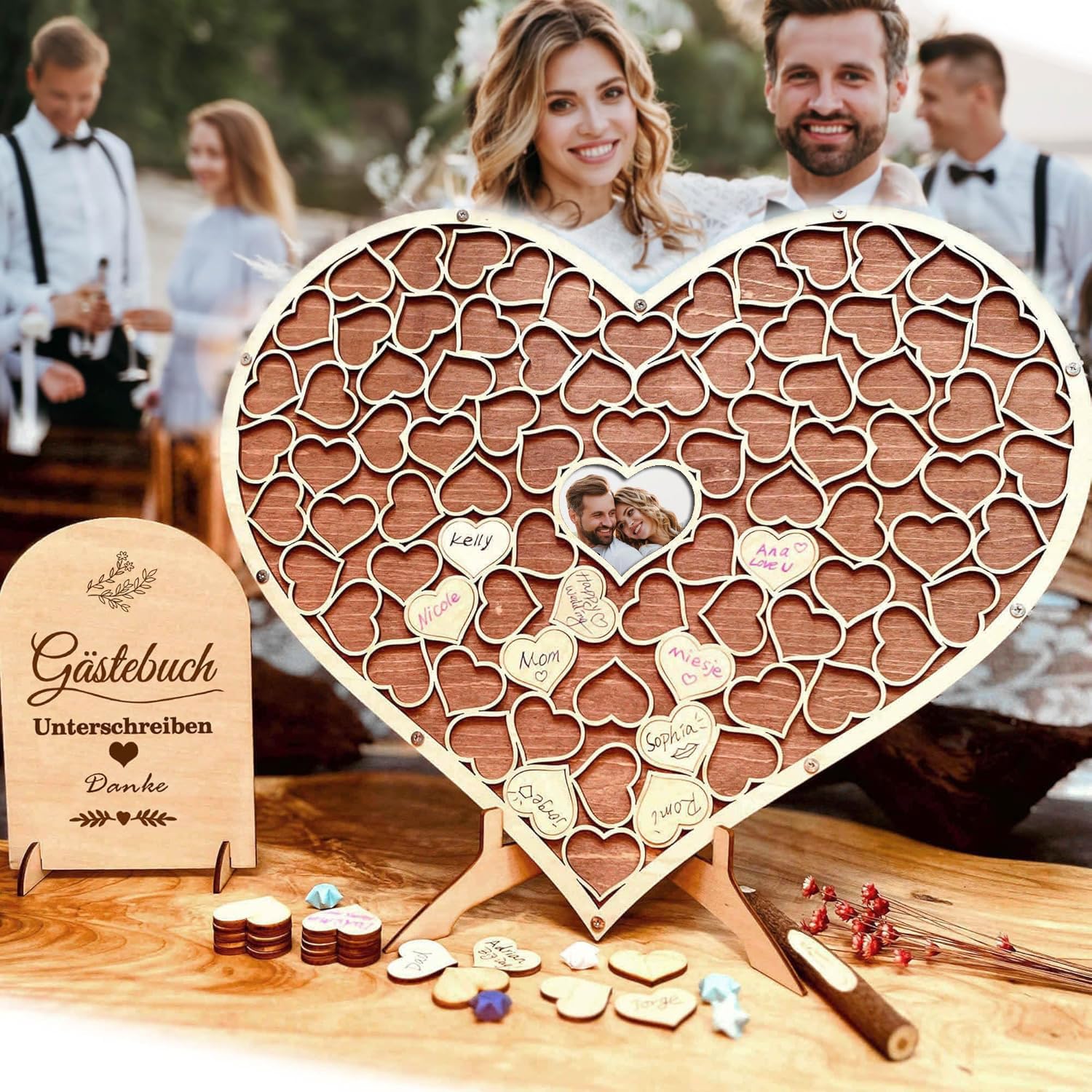 Livre d'or en bois de mariage haut de gamme, puzzle 83 cœurs marron rougeâtre