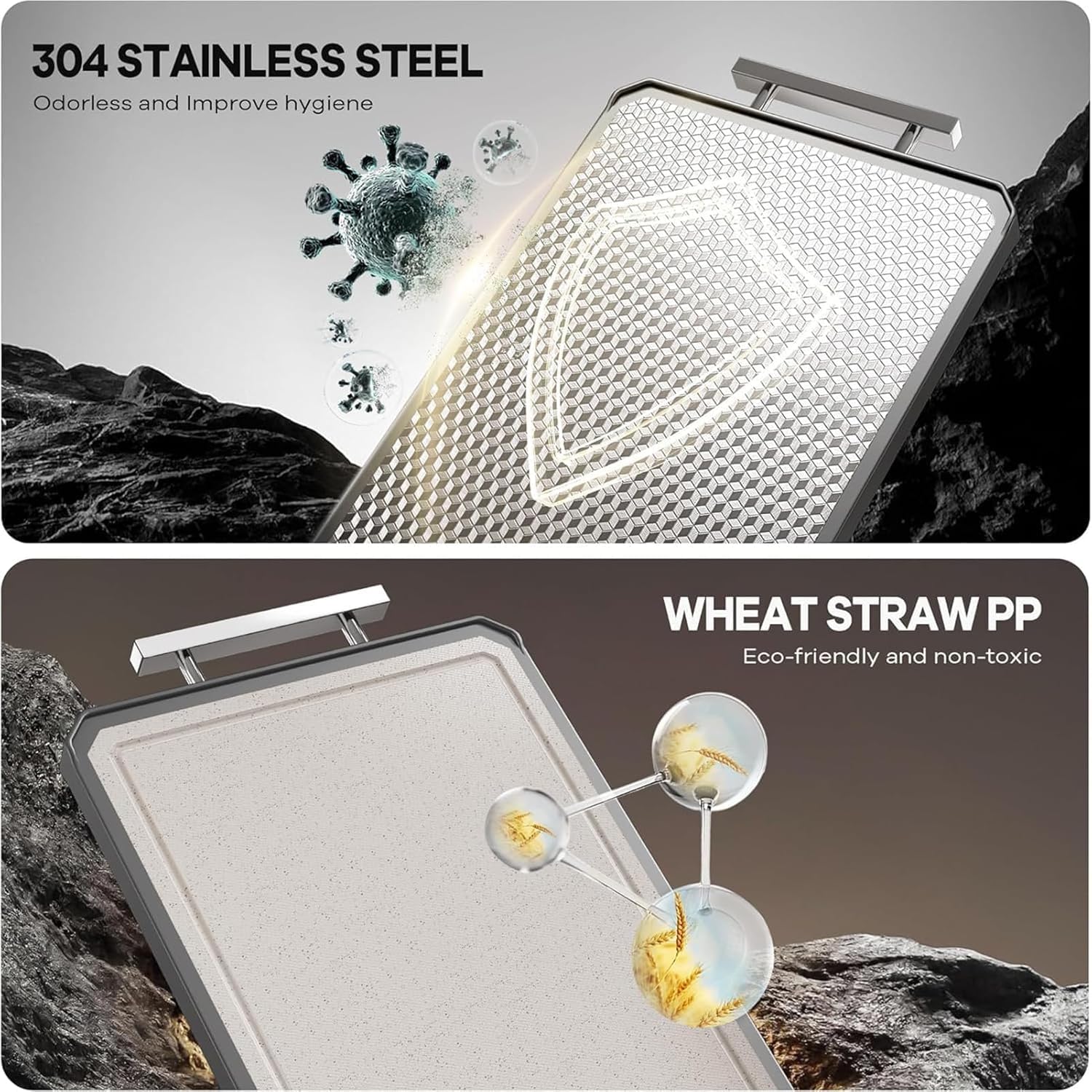 Stainless Steel Cutting Board for Kitchen, 2-in-1 Double-Sided Chopping Board, Food Grade Stainless Steel/PP, Easy to Clean, Scratch Resistant Mesh Design, 16”×11”