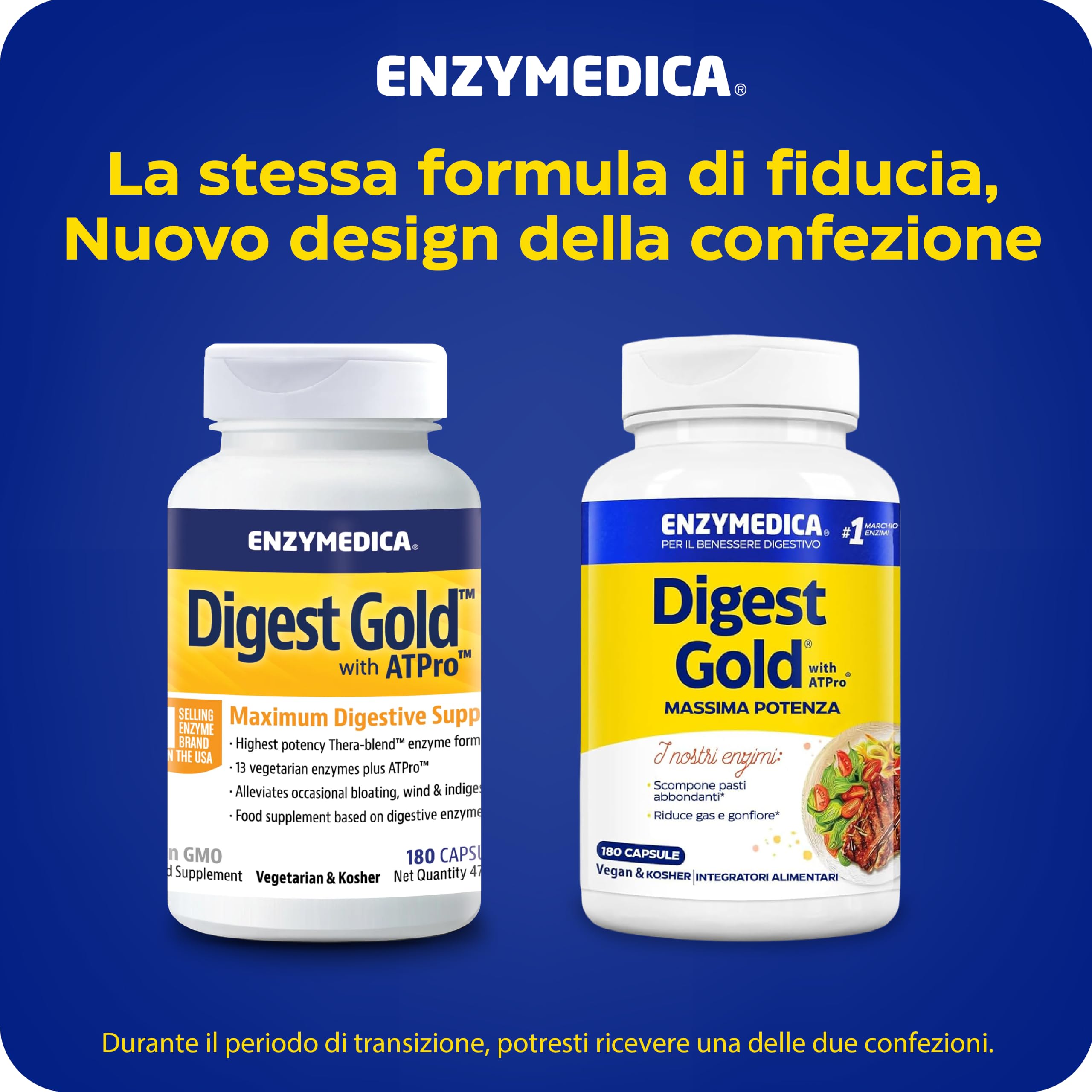 Enzymedica, Digest Gold, Integratore Alimentari con Enzimi Digestivi ad Azione Rapida, Gluten Free, Senza Lattosio, 180 Capsulas