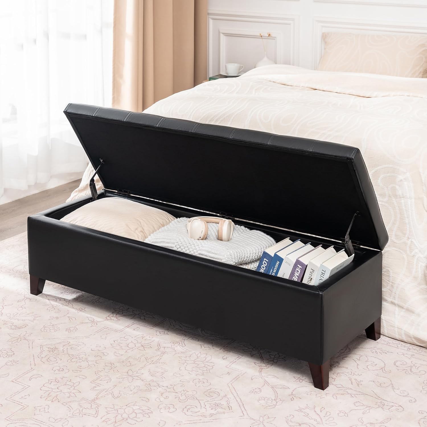Ottoman with Storage, 51 Inch End of Bed Storage Ottoman Bench, Faux Leather Upholstered Ottomans with Hinged Lid, Rectangle Long Foot Rest Bench for Entryway Living Room Bedroom Black - Image 7