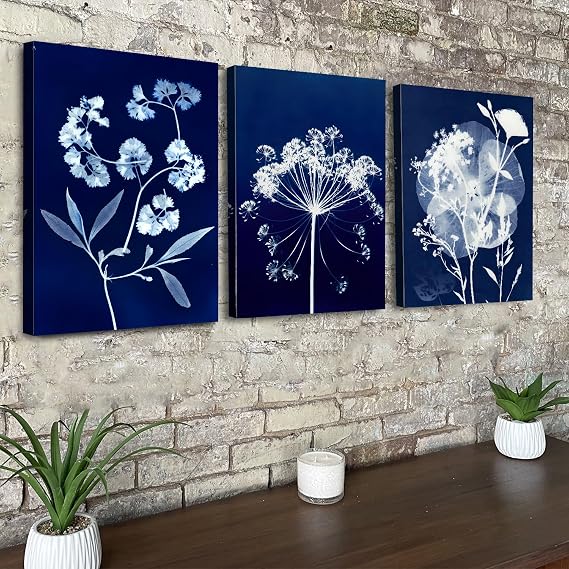 White Flower Wall Art Minimalist Floral Wall Decor Abstract Navy Blue Botanical Canvas Pictures Farmhouse Wildflower Paintings Nature Artwork for Living Room Bedroom Bathroom Decorations 30x40cm 3Pcs