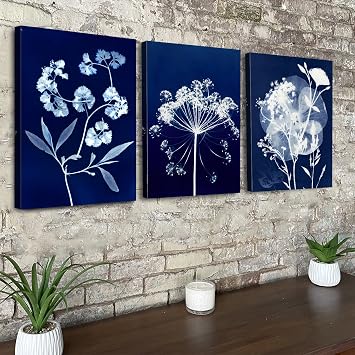 White Flower Wall Art Minimalist Floral Wall Decor Abstract Navy Blue Botanical Canvas Pictures Farmhouse Wildflower Paintings Nature Artwork for Living Room Bedroom Bathroom Decorations 30x40cm 3Pcs