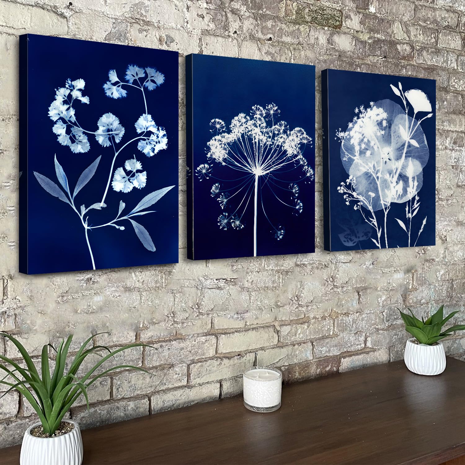 White Flower Wall Art Minimalist Floral Wall Decor Abstract Navy Blue Botanical Canvas Pictures Farmhouse Wildflower Paintings Nature Artwork for Living Room Bedroom Bathroom Decorations 30x40cm 3Pcs - Image 3