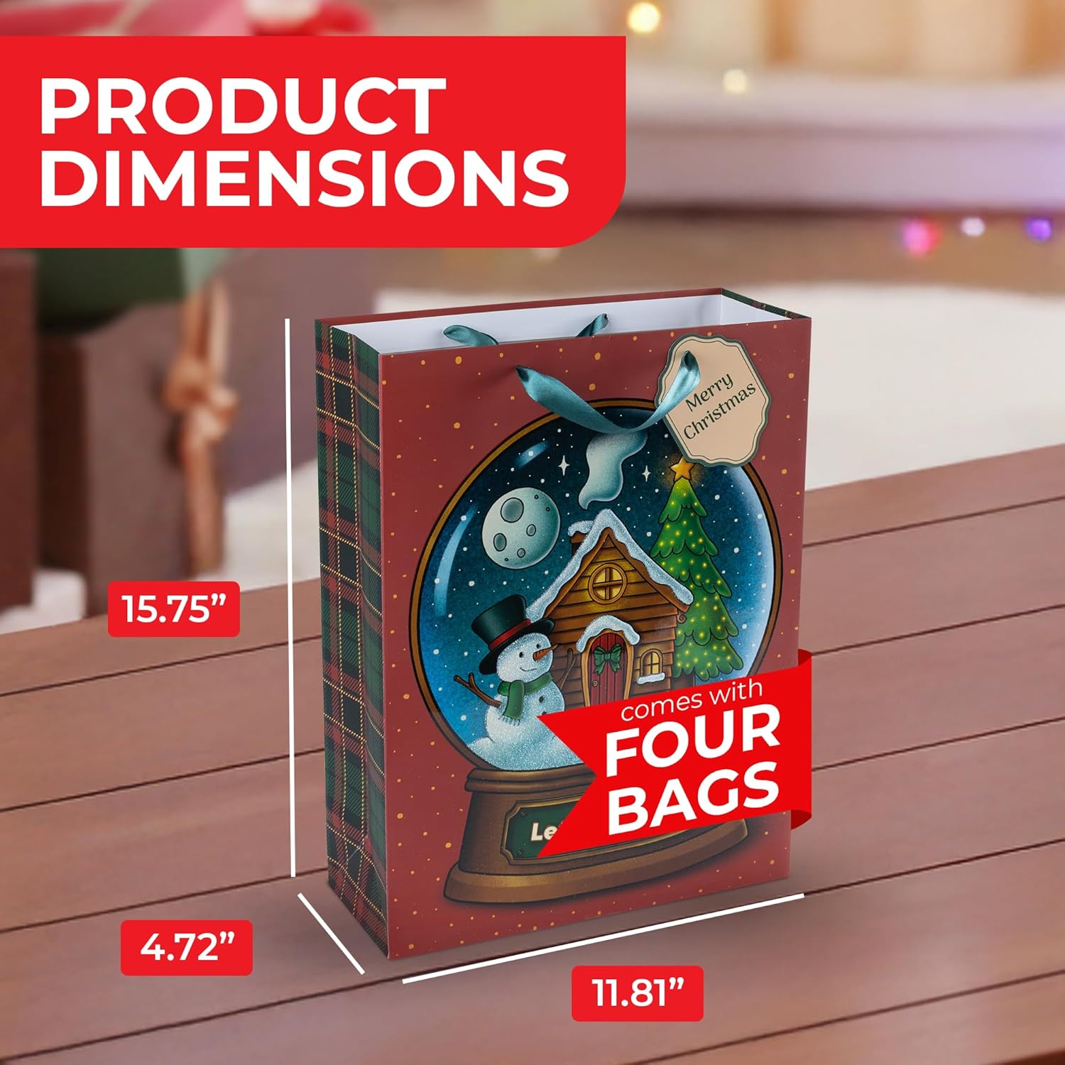 RACHELLE'S Snow Globe Christmas Gift Bags – Large 16"x12"x5" (4-Pack) – Sturdy Paper Gift Bags with Tissue Paper, Tag and Handle – Let It Snow – Perfect for Christmas Holiday Gifting & Party Favors