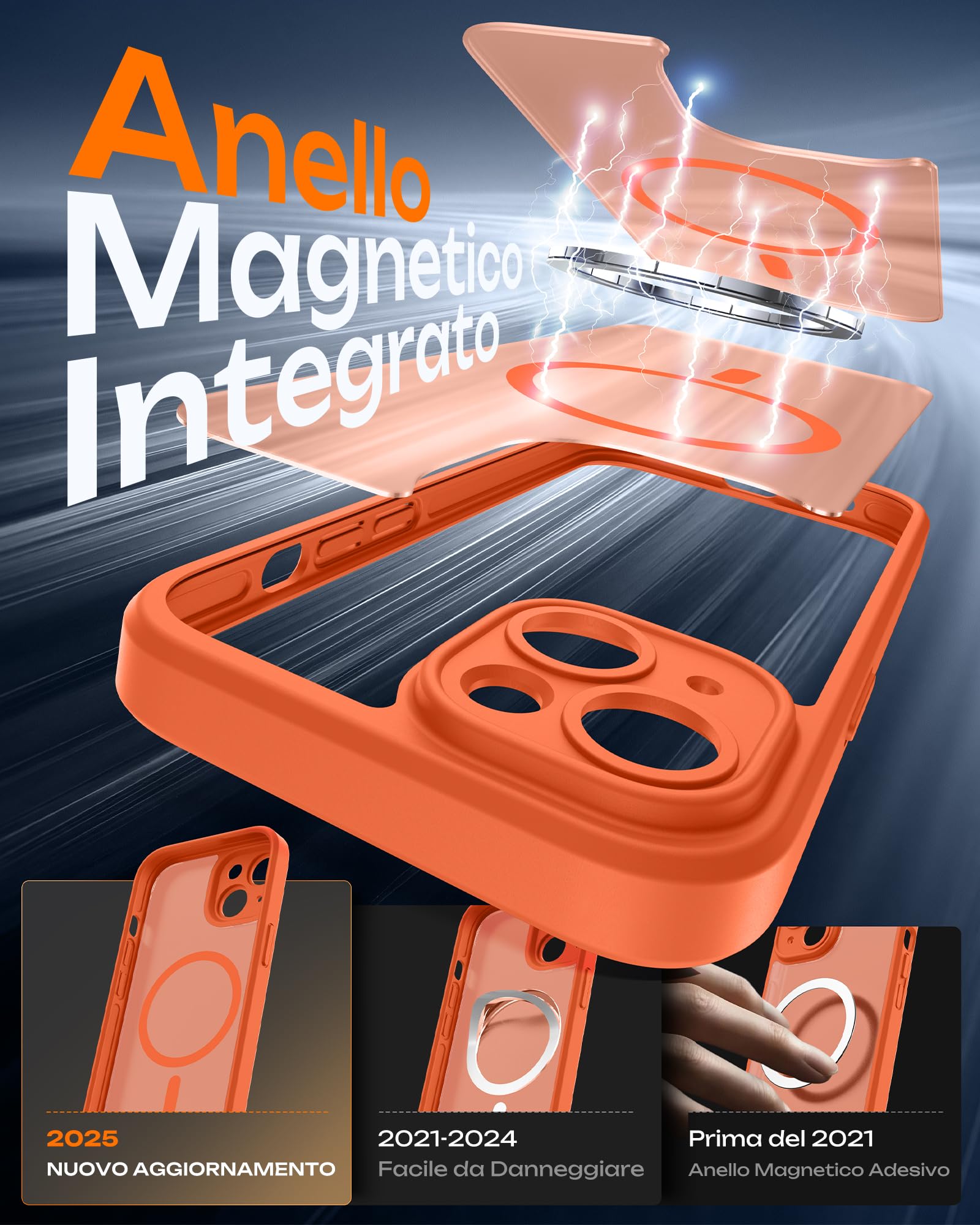 TOCOL Cover Magnetica per iPhone 15 6,1 Pollic, Compatibile con MagSafe, Protezione Fotocamera Integrata, Custodia Antiurto Traslucida Opaca, Arancione