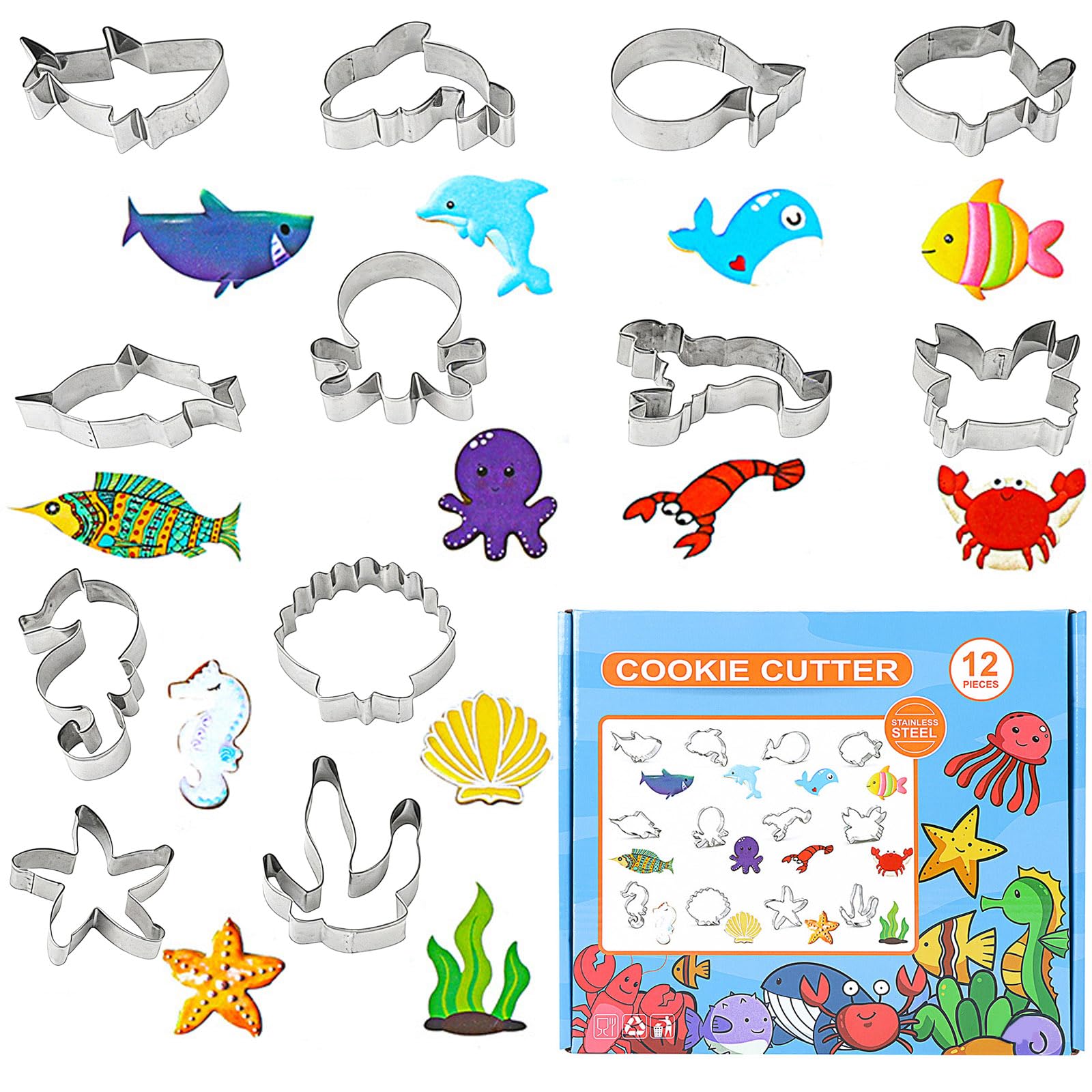 Set da 12 Formine per Biscotti a Forma di Animali Marini, in Acciaio Inox Alimentare, Sagome per Fondant, Pasticceria e Decorazioni, Utensile da Cucina Creativo per Bambini e Baking Familiare - 1