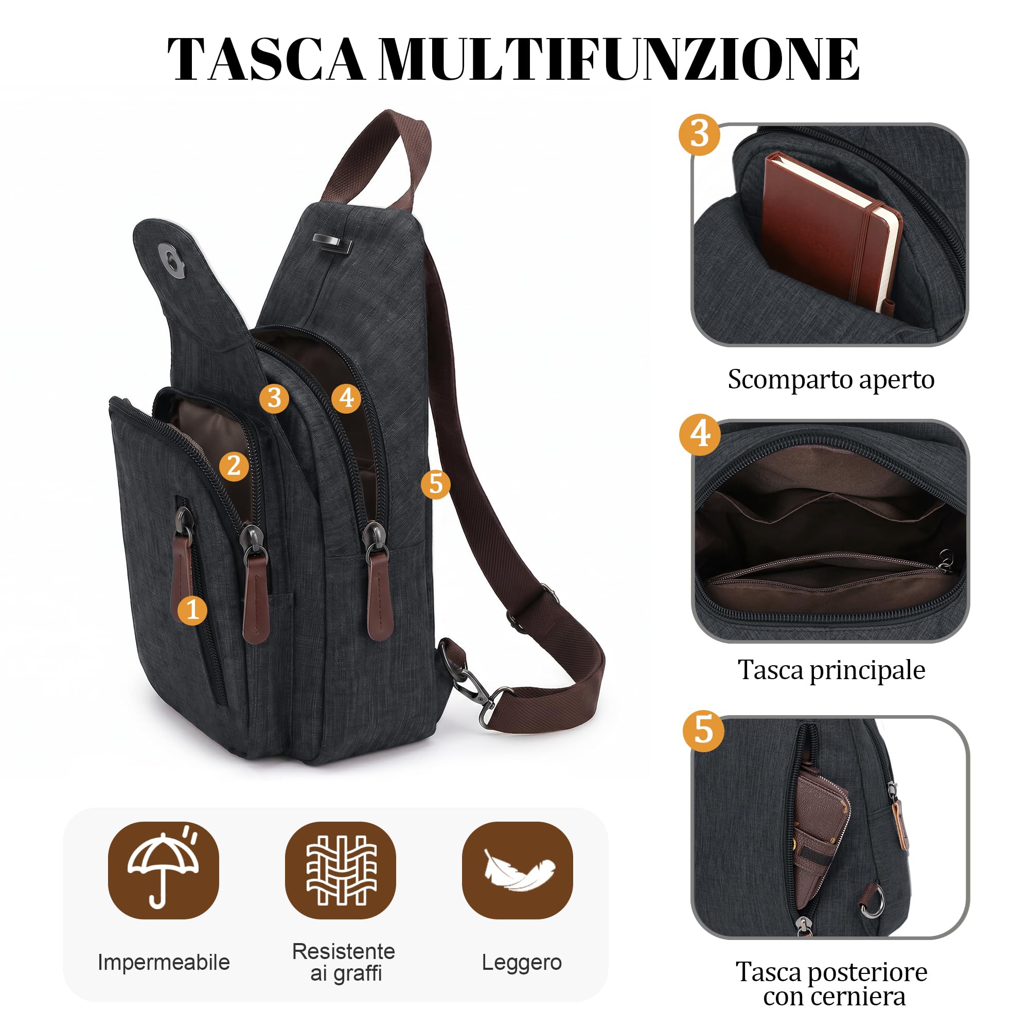 Borsa Tracolla Donna Zaino Borsa Sul Petto Antifurto Leggero Impermeabile Crossbody Bag Per Sportiva Ciclismo Viaggio Nero