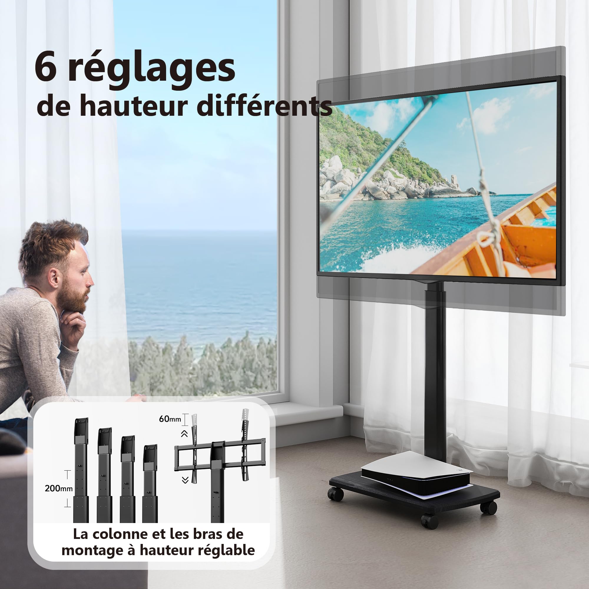 FITUEYES Support TV roulettes avec Socle en Bois, pour TV 32-70 Pouce jusqu'à 40 kg, Support TV sur Pied, Hauteur Réglable, VESA Max.400×400mm pour Location et Bureau