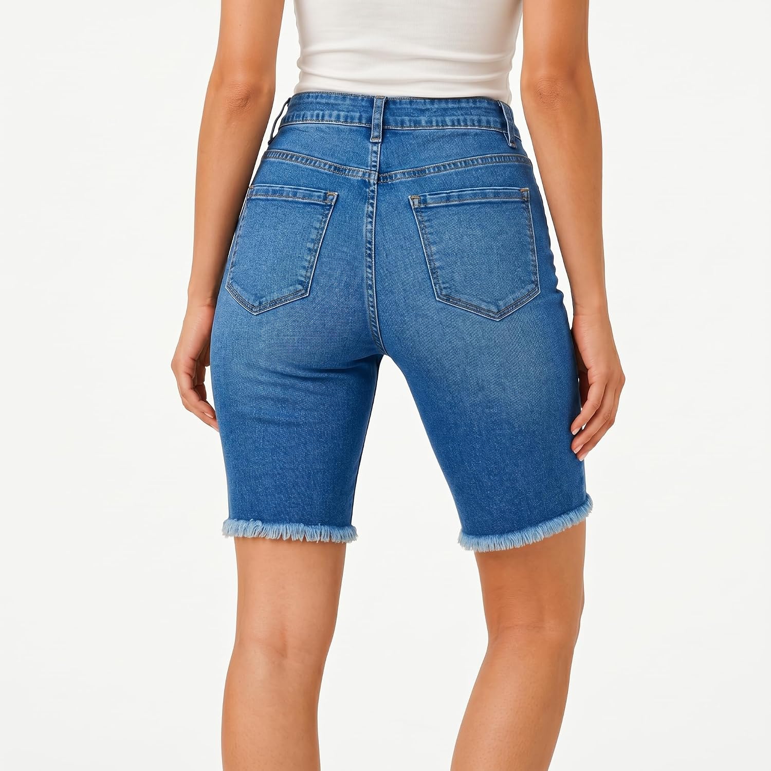 Womens High Waisted Stretch Denim Shorts Slim Fit Jean Shorts Frayed Raw Hem Summer Casual Blue