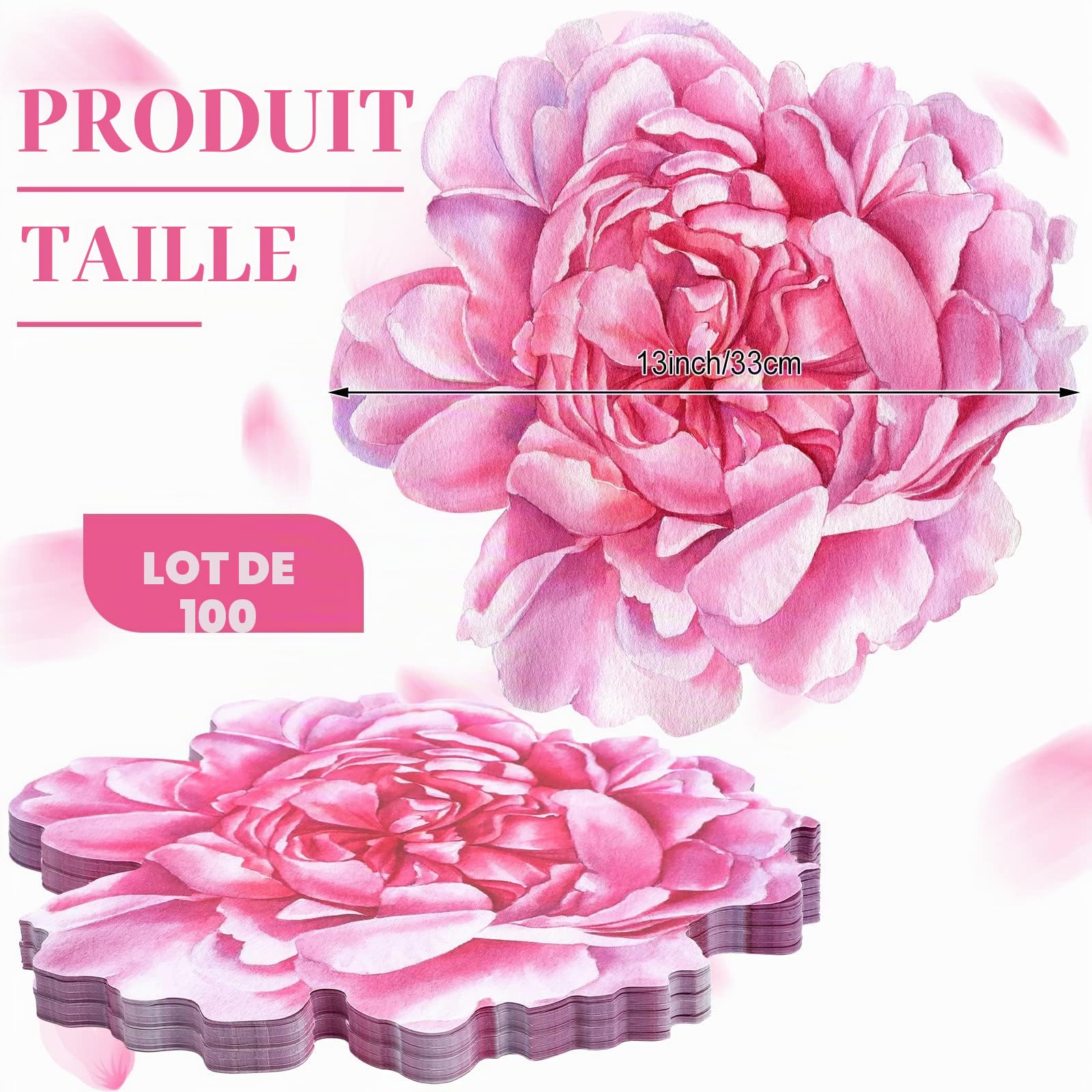 Lot de 100 Sets de Table jetables en Papier pour Salle à Manger, Mariage, Cuisine, fête prénuptiale, Motif Pivoine Rose 33 x 33 cm