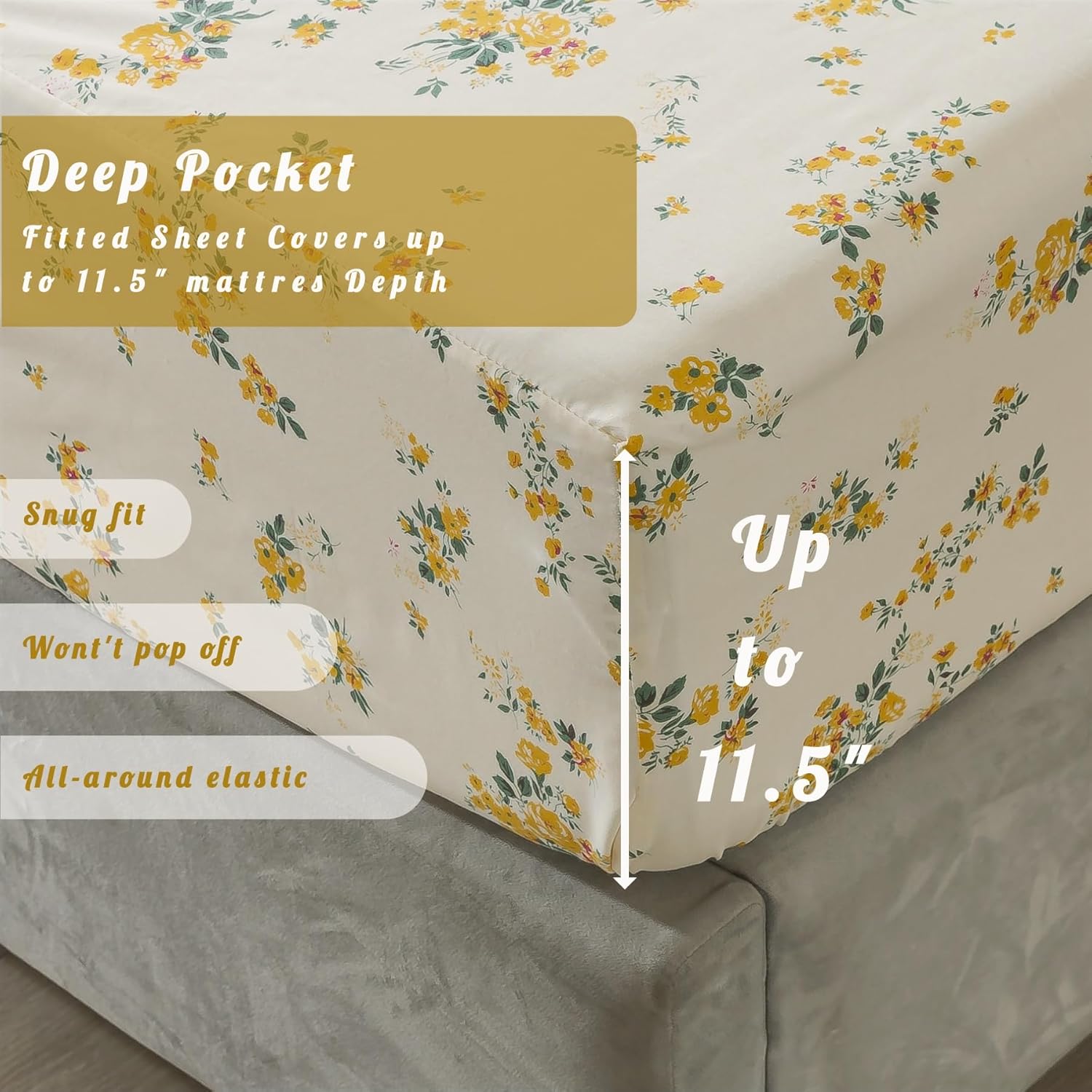 100% Cotton Percale Sheets for Queen Size Bed - 14 Inches Deep Pocket Perfect Fitting - Crispy Cool & Comfortable - Yellow Floral (4 Piece Bed Sheets)