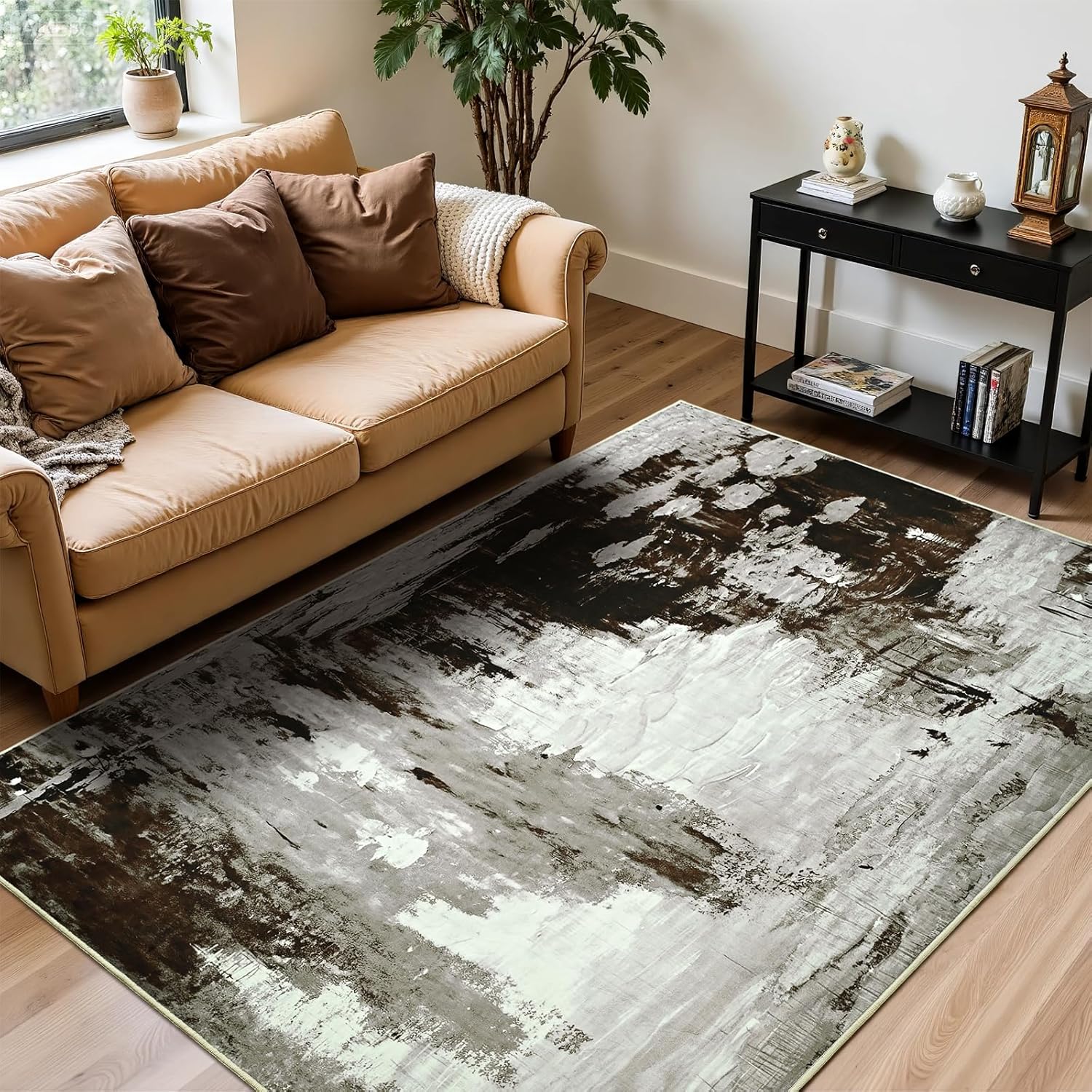 4x6 Area Rugs for Bedroom Bedside, Washable Brown Rug for Living Room, Kitchen Floor, Bathroom, Laundry, Entrance, Non-Slip Modern Abstract Faux Wool Low Pile Entrayway Rug Large Carpets