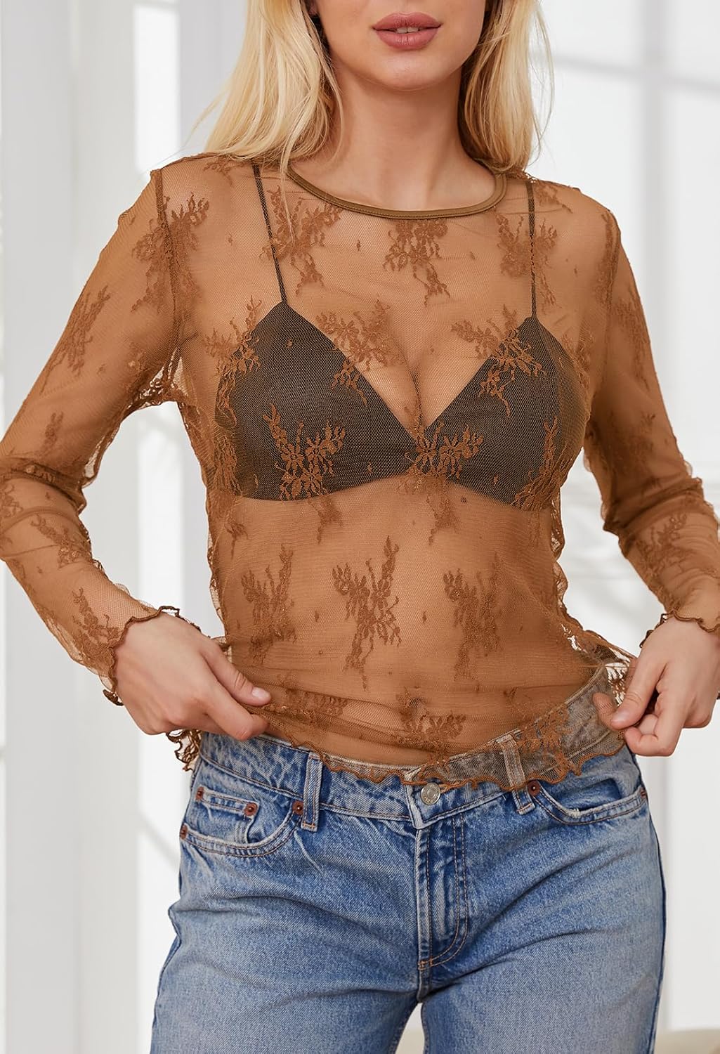 MEROKEETY Womens 2026 Long Sleeve Lace Sheer Mesh Tops Undershirt Sexy See Through Going Out Crewneck Blouse Shirts - Image 7