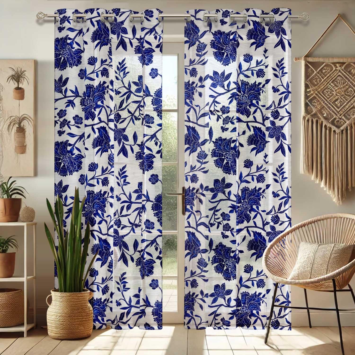 Floral Vines Pattern Sheer Curtains for Short Windows - Set of 2 Panels, 63", Grommet Top, Printed Georgette, Light Filtering Drapes for Kitchen or Bedroom