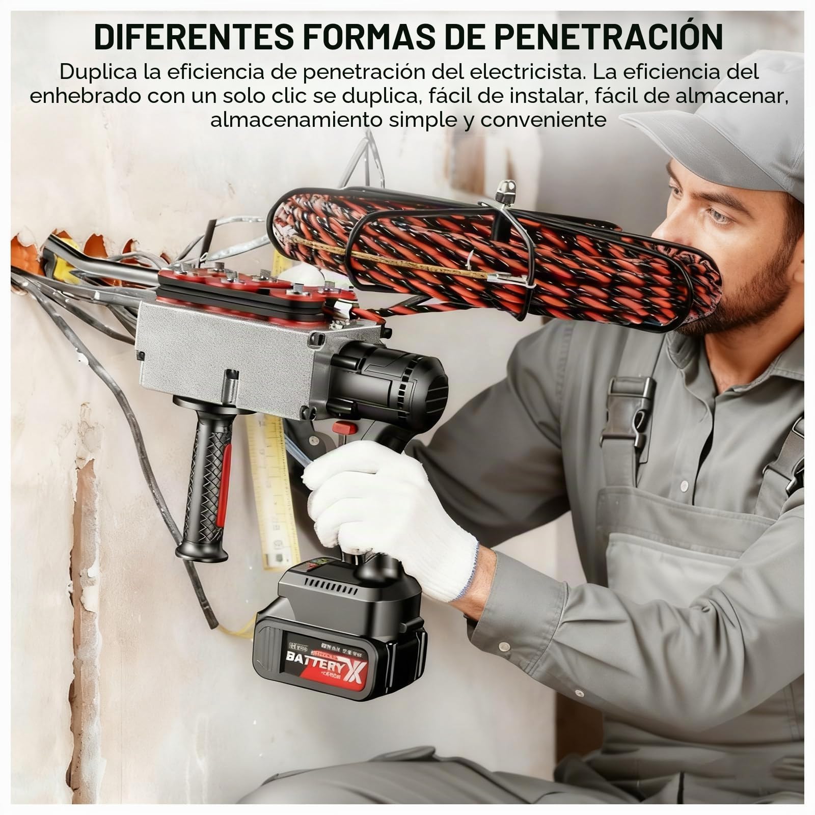 Máquina para Pasar Cables, pasacables Oculto para tuberías a través de Paredes, máquina de tracción eléctrica, máquina automática para Pasar Cables con Velocidad Variable 1Battery-25000mah