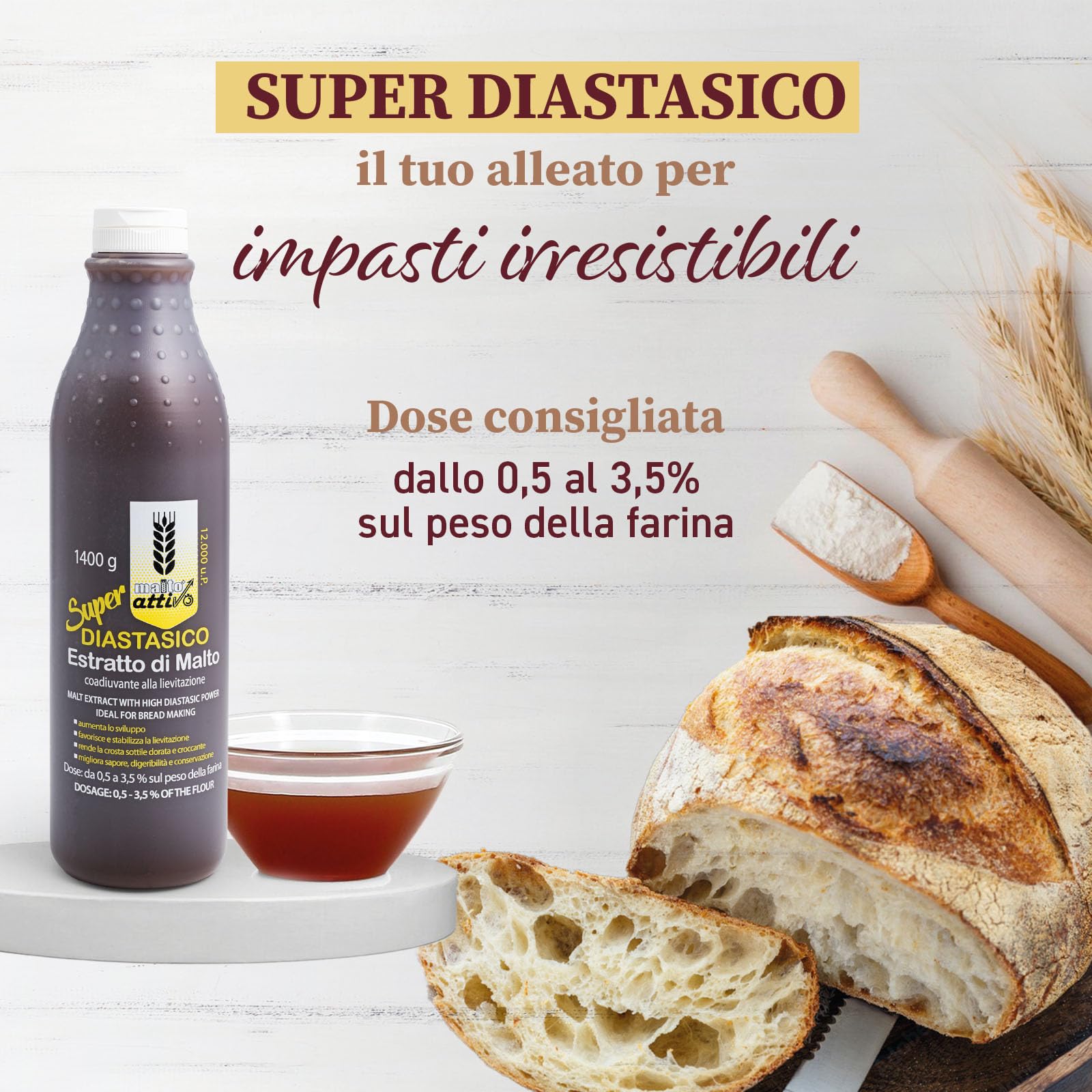 Malto Attivo, Box da 4 pezzi di Super Diastasico 1400g, Estratto di Malto ad Elevato Potere Diastasico, Malto d’Orzo e Mais Ideale per Panificazione, 12.000 Unità Pollak, Made In Italy.