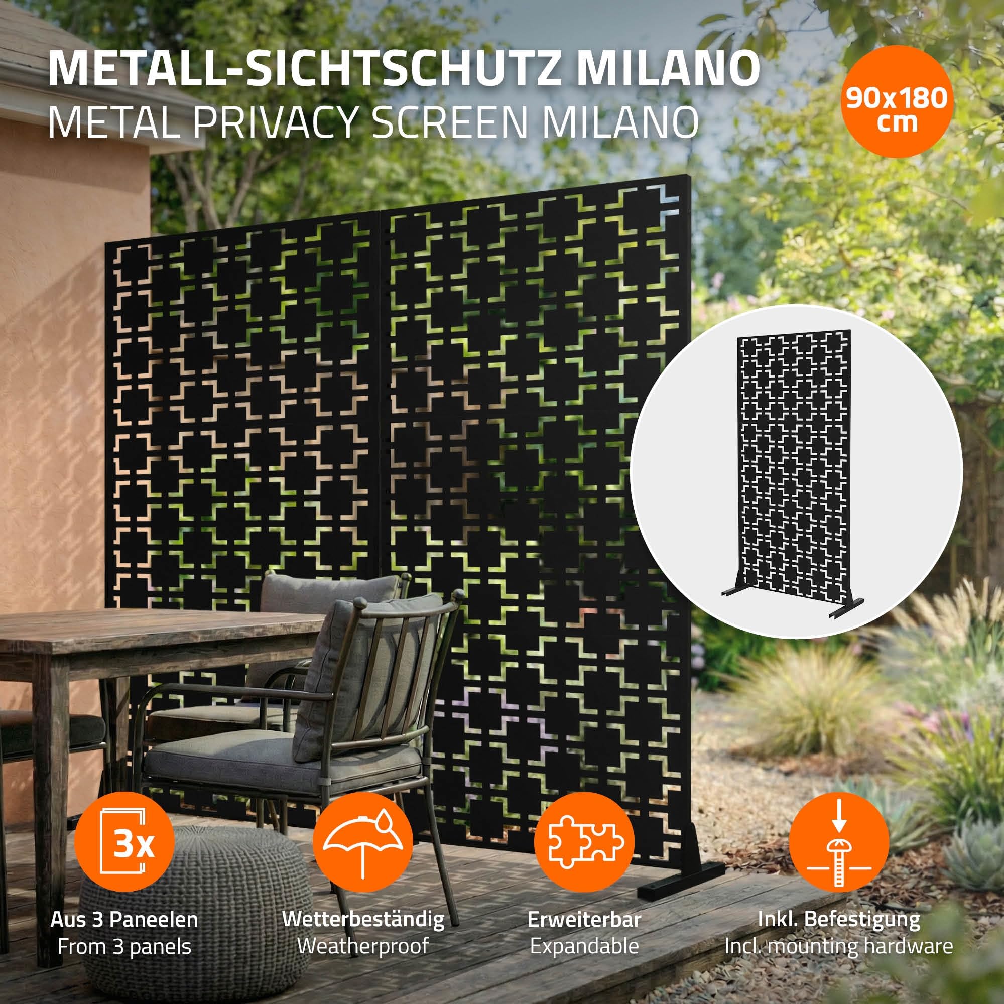 ML-Design Brise-Vue Métallique Milano 90x180cm en Acier, Modèle Autoportant à 3 Panneaux Extensible avec Supports, Paravent Décoratif Élégant, Résistant aux Intempéries pour Jardin, Balcon, Terrasse