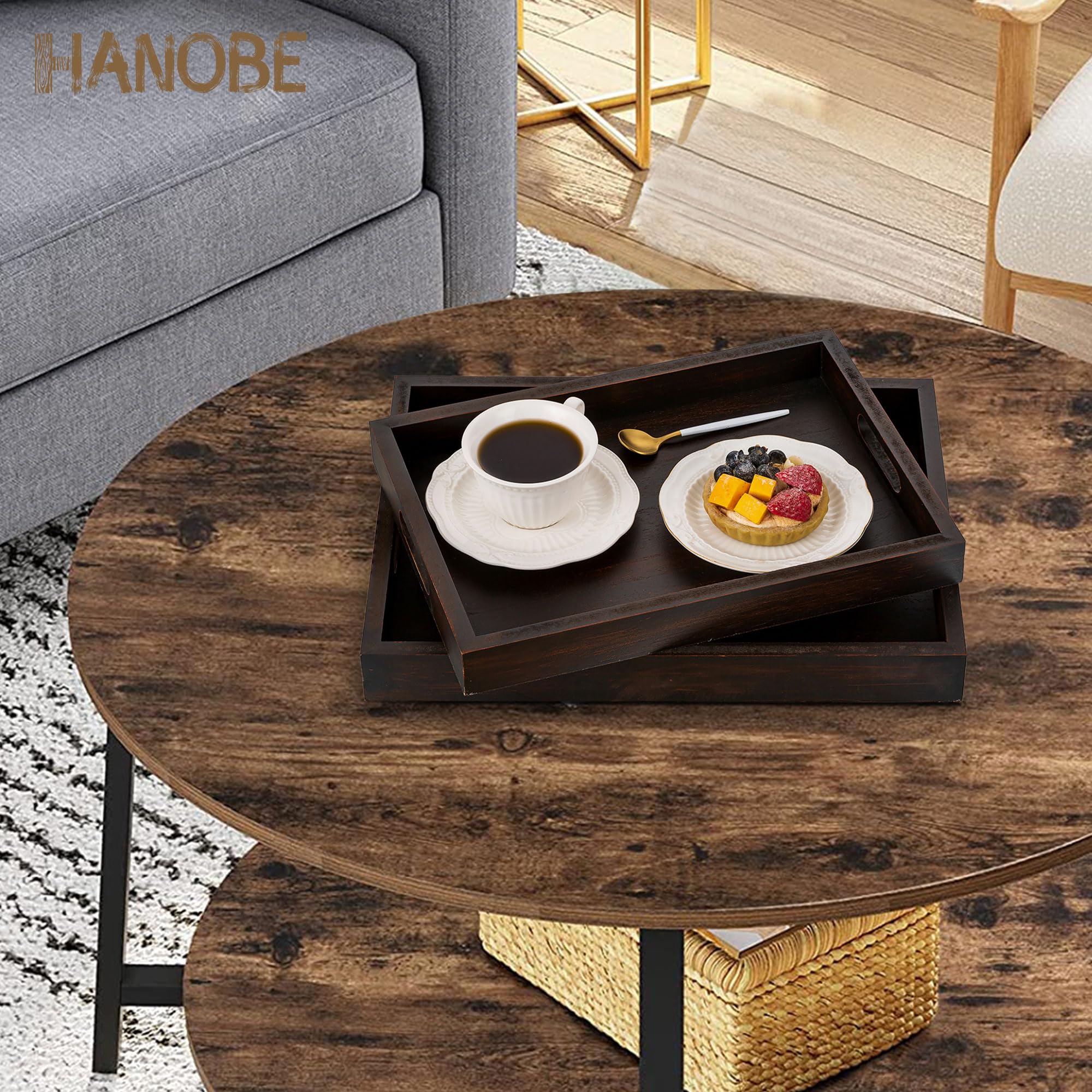 Hanobe Serviertablett Aus Holz 50x50 Cm – Rustikales Tablett Mit Griff Für Couch, Bett & Küche