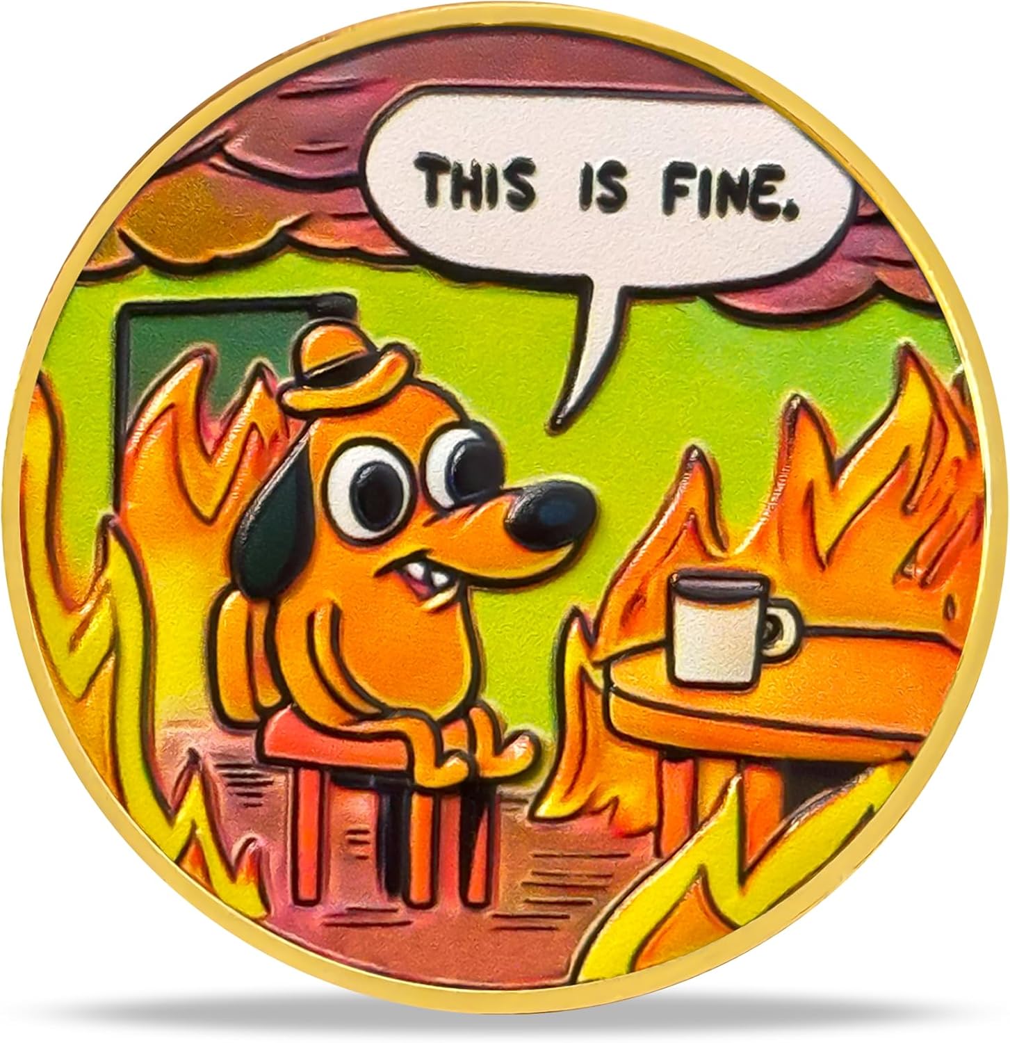 BHealthLife Dumpster Fire Challenge Coin – "This is Fine" Dog Challenge Coin - Hilarious Employee Appreciation Gifts Office Desk Accessory Collectible Job Reward Funny Gifts for Coworker（Golden）