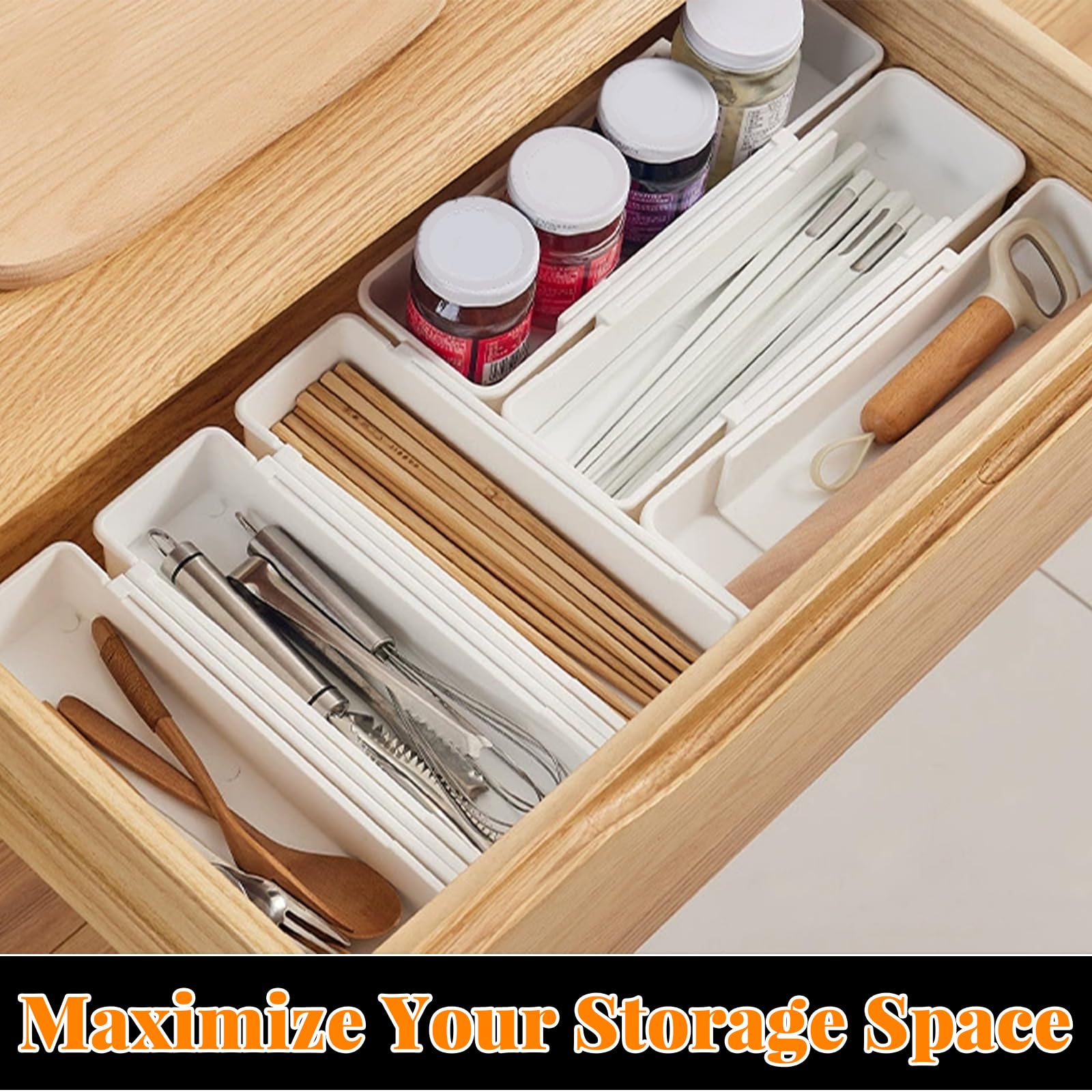 Expandable Drawer Organizer Adjustable Length, Sliding Storage Bins for Kitchen Utensils, Bathroom, Office - Durable Plastic, Space-Saving Design (White)