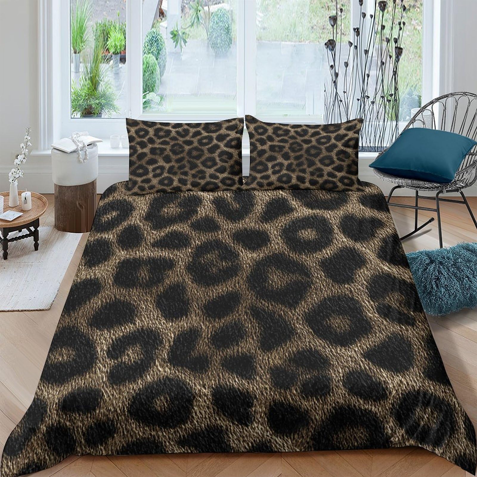 P5V6M1Q9 3D Printed Leopard Pattern Duvet Cover Set Microfiber Soft Breathable Wild Animal Quilt Cover with 2 Pillowcases for Bedroom Single（135x200cm）