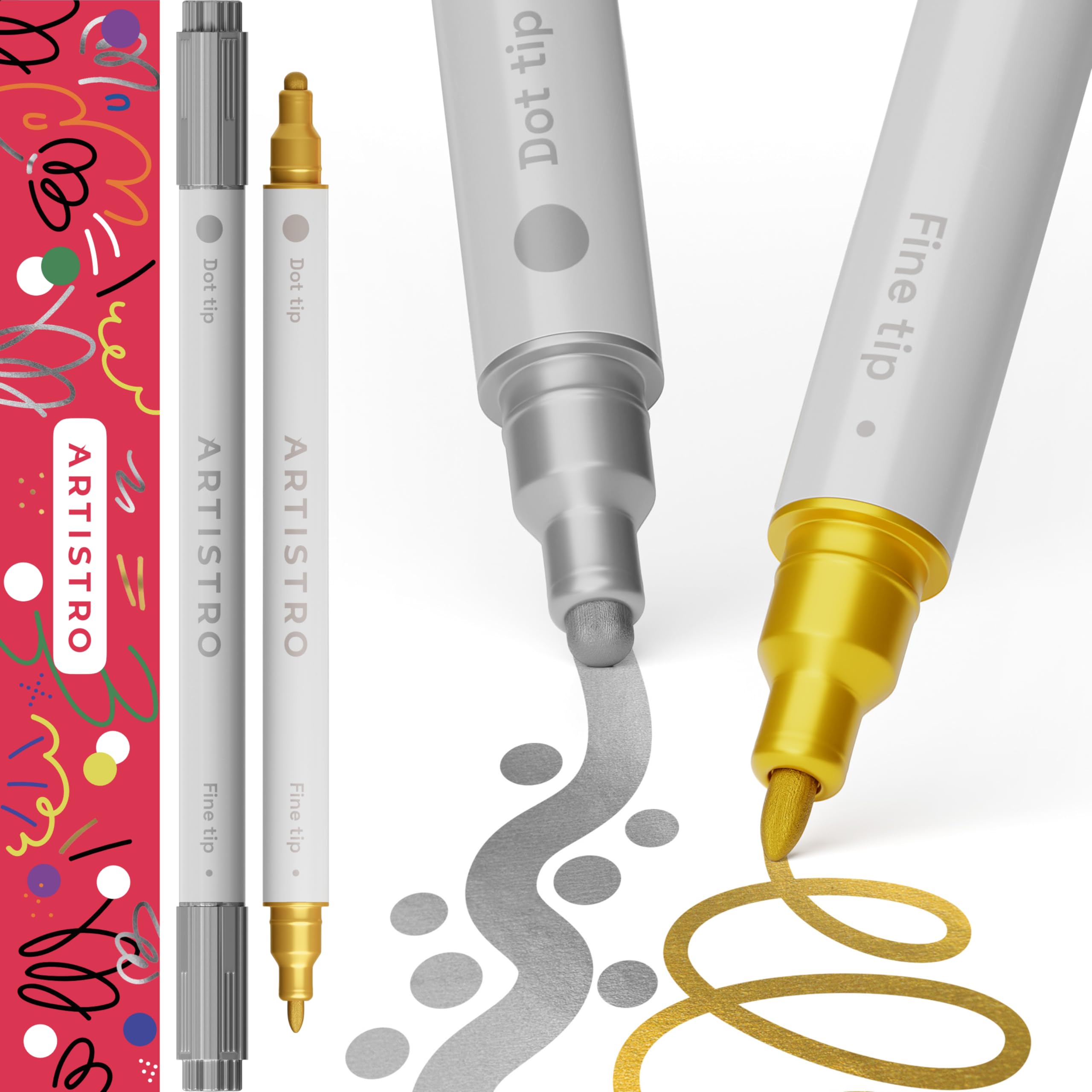 ARTISTRO Gold &amp; Silver Dual-Tip Acrylic Paint Pens - Set of 2 | 5mm Dot + 1mm Fine Tips, Multisurface Markers, Perfect for Glass, Rock, Fabric, Wood, Plastic, &amp; More