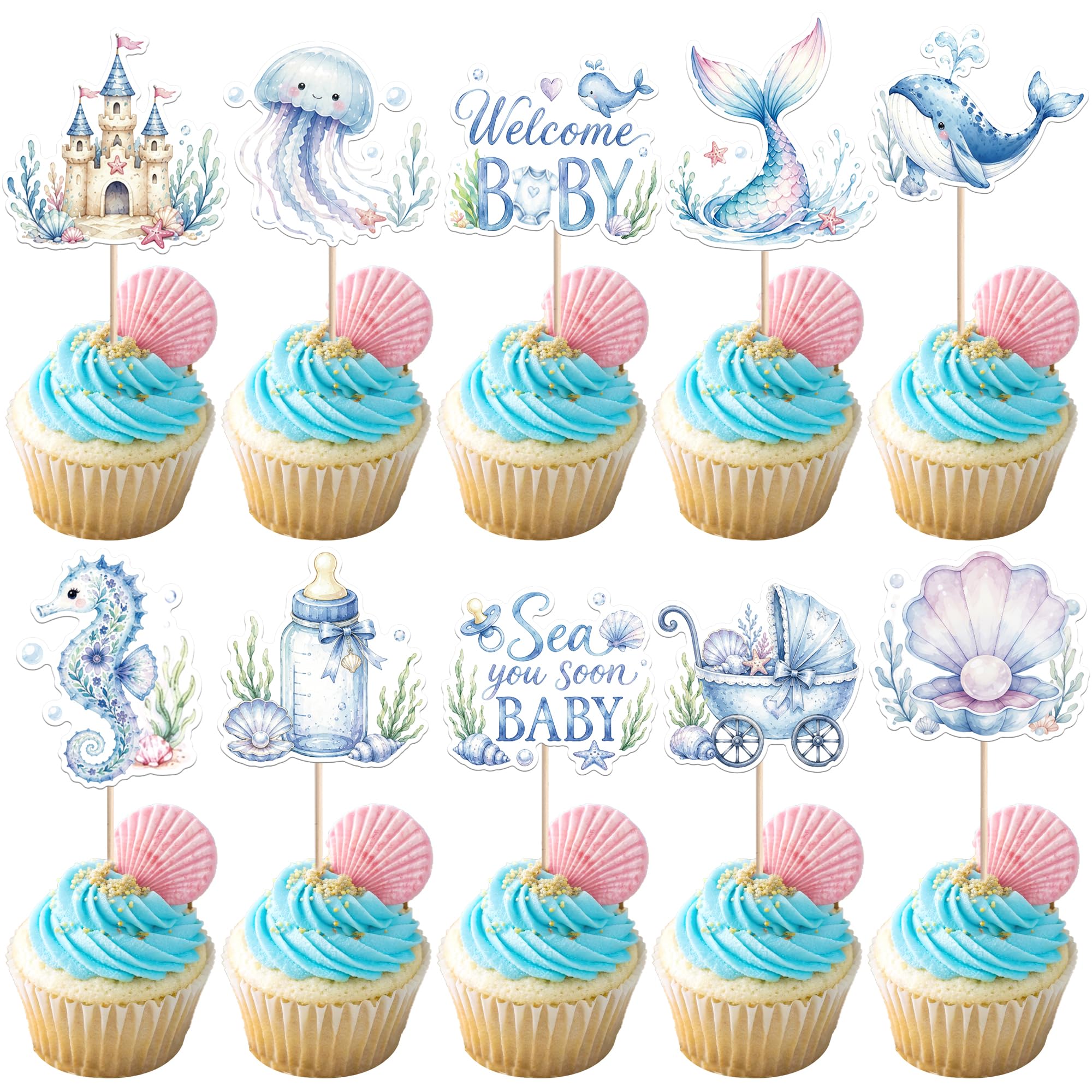 40 Pack Under The Sea Cupcake Toppers Dolphin Jellyfish Mermaid Seahorse Cupcake Picks Welcome Baby See You Soon Cake Decorations for Ocean Sea Animals Theme Baby Shower Birthday Party Supplies โ image 1