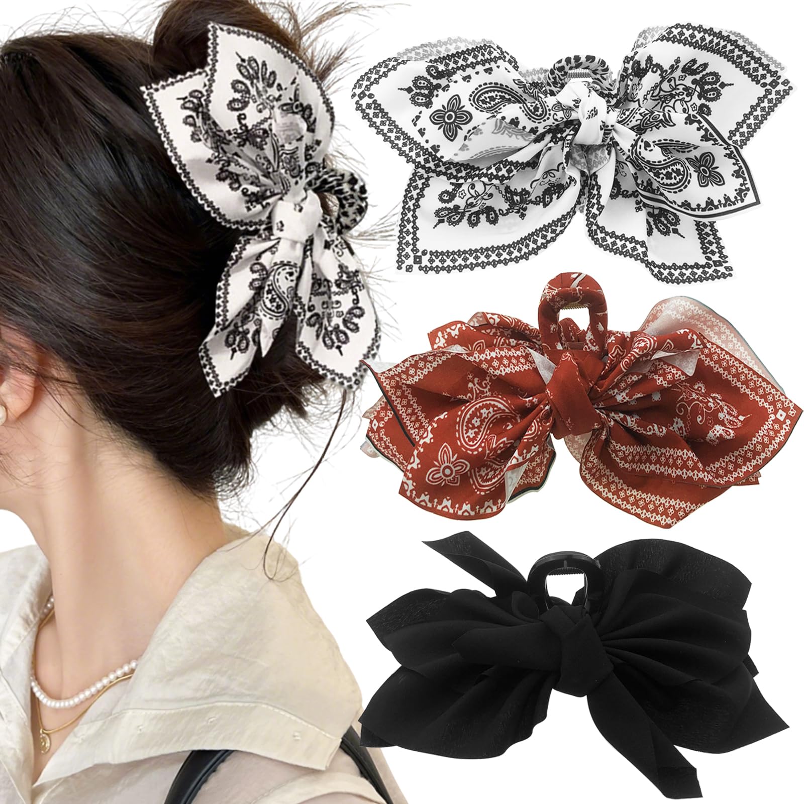 Paquete de 3 pinzas grandes para el pelo occidental, estilo bohemio, bandana, lazos para el pelo para mujer, accesorios antideslizantes para el cabello para niñas