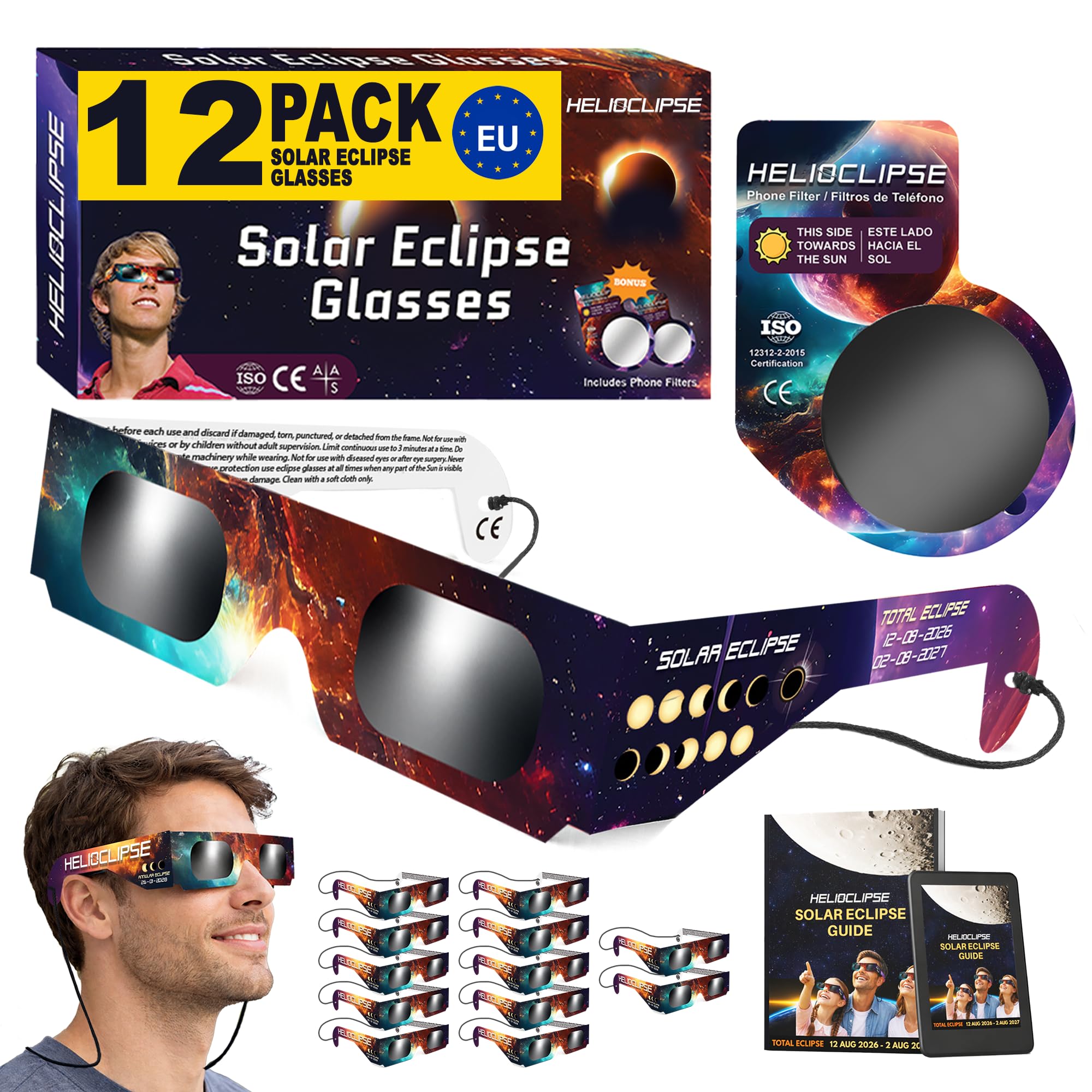 Helioclipse - 12 Pack Solar Eclipse Glasses 2026 ISO 12312-2 Certified Solar Glasses - Solar Eclipse Viewing Glasses UK - Trusted for Direct Solar Eclipse Viewing — image 1