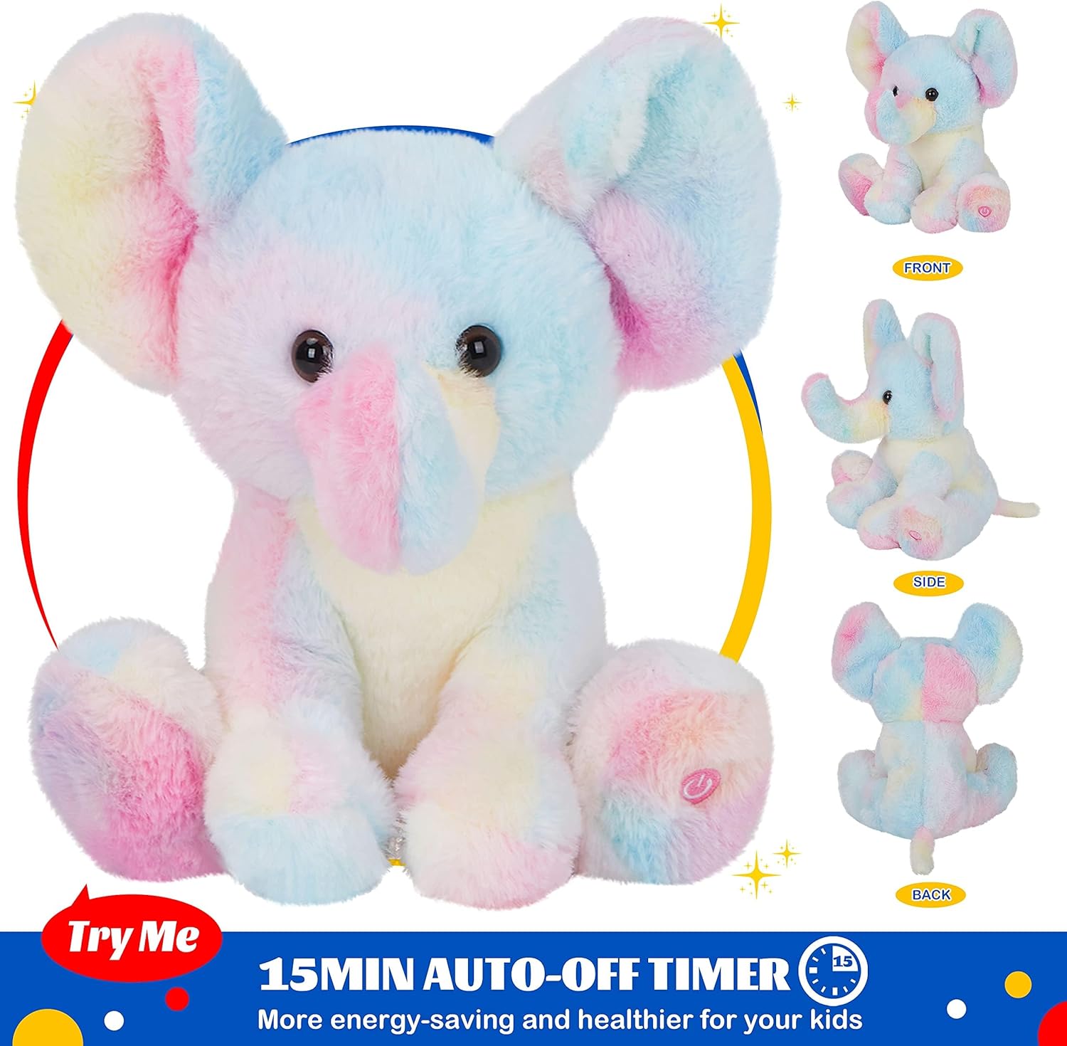 Glow Guards 12'' Musical Light up Rainbow Elephant Stuffed Animal,LED Singing Soft Wildlife Animal Plush Toy with Night Lights&Lullaby,Birthday Children's Day Hoilday Gift for Toddler Kids - Image 4
