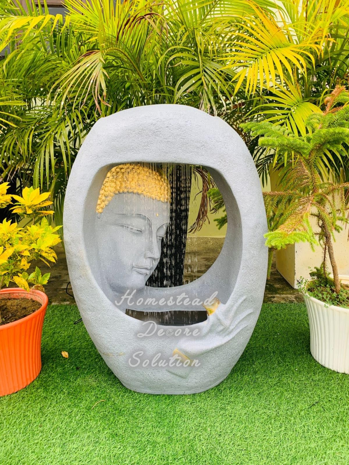 Homestead Decore Solution Carved Buddha Water Fountain with led Light 3 feet, Decorative Home Decor Living Room meadiation Area Garden Outdoor Indoor Grey Stone Finish Fiber-image-37