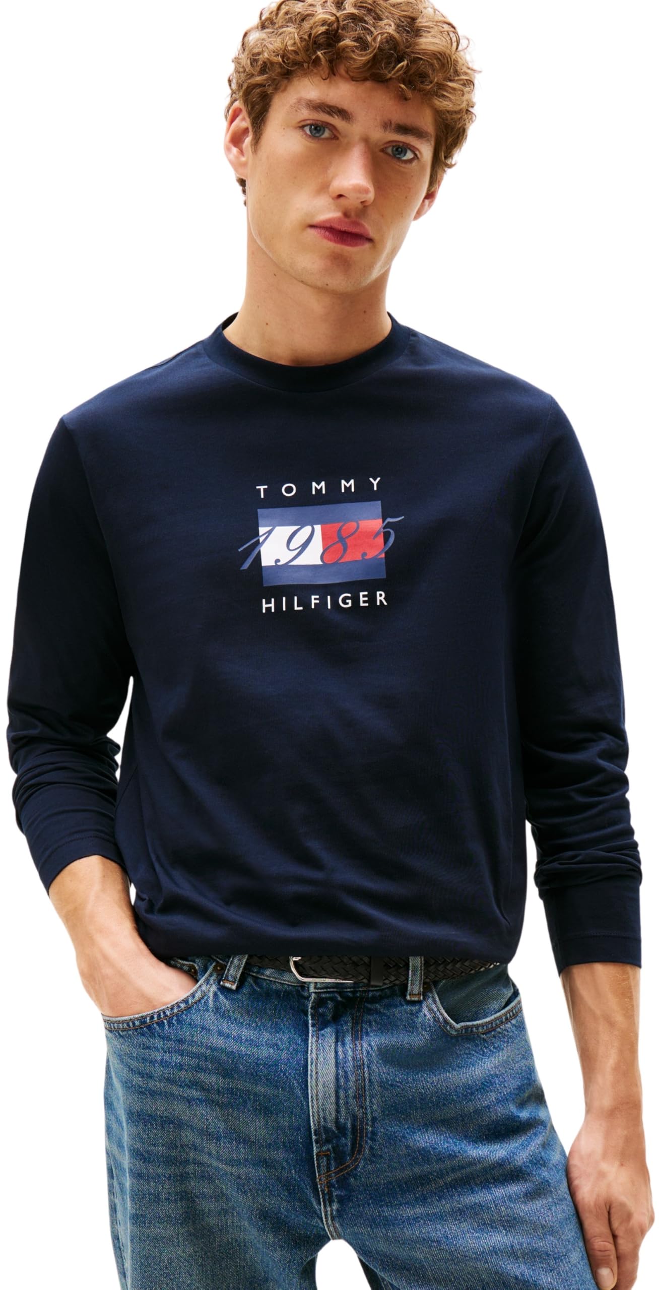 Tommy Hilfiger Men’s Regular Fit Linear Flag Graphic Long Sleeve Top, Blue (Desert Sky), XS
