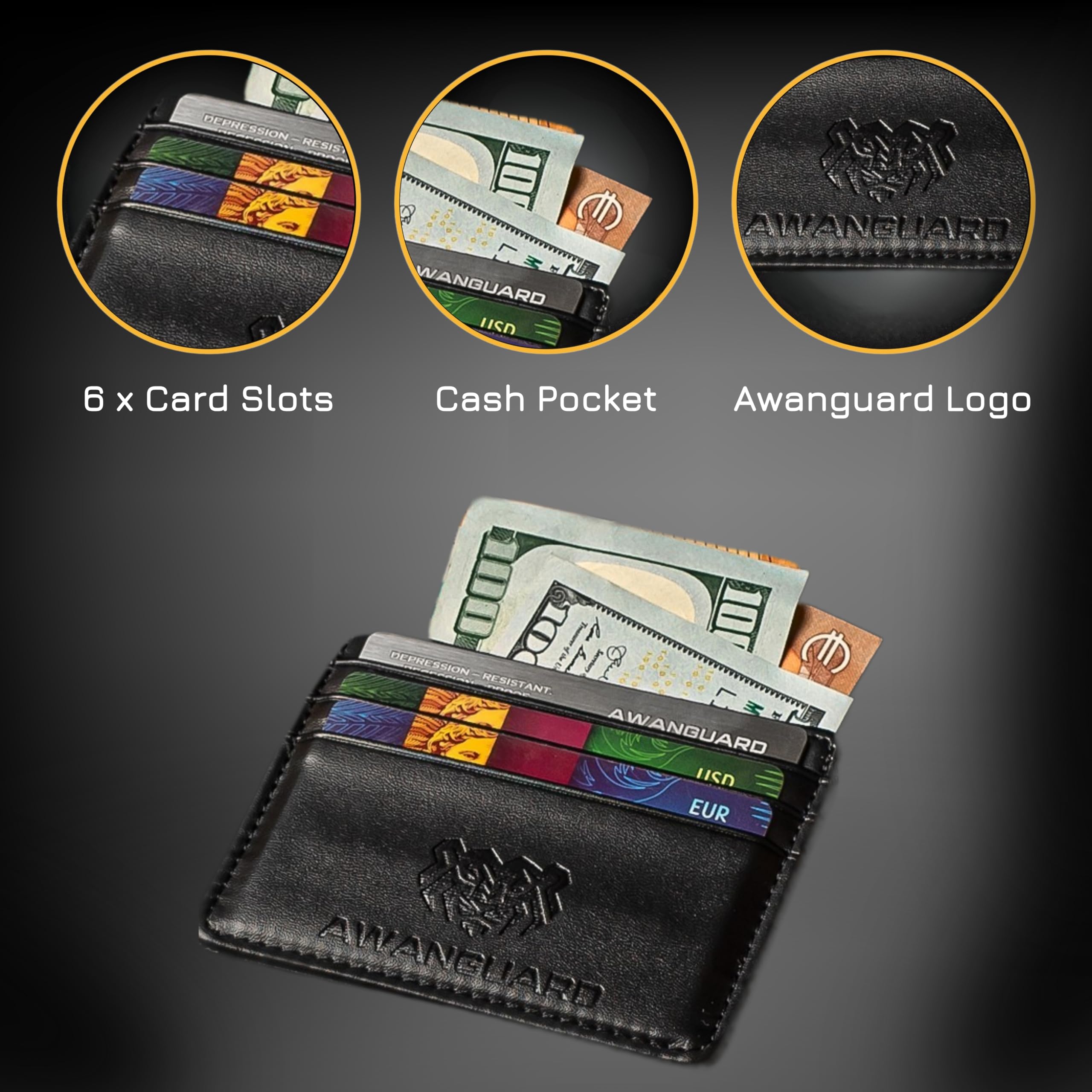 AWANGAURD - PU Leather Money Clip Card Holder Unisex Slim Wallet with Cash Compartment, for Men and Women, Black. Quick Access Compartment, Sleeve Case Holder, Portable Card Holder