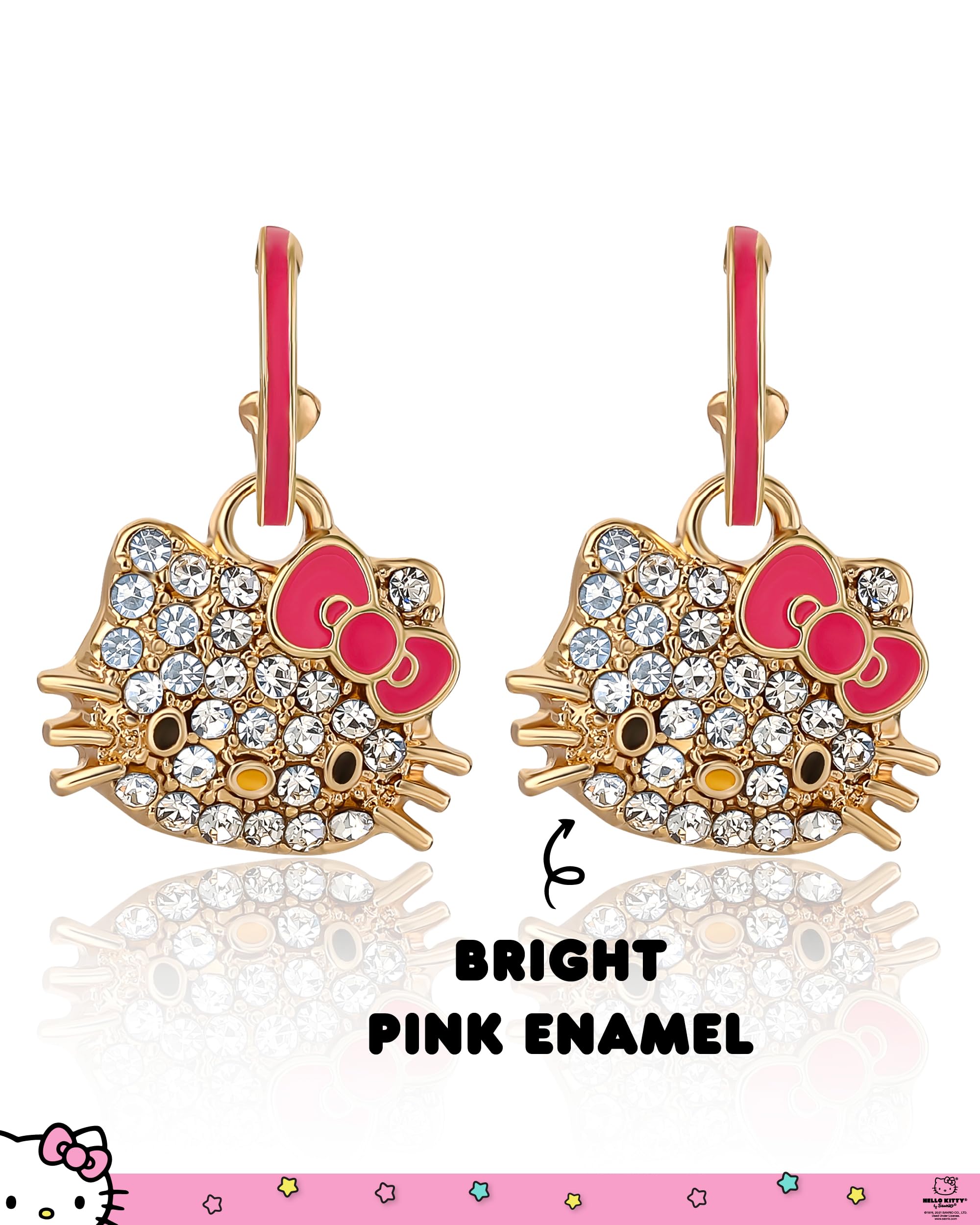Sanrio Pave Crystal Hello Kitty Dangle Earrings for Women Official License, Yellow Gold Tone and Enamel Hello Kitty Earrings