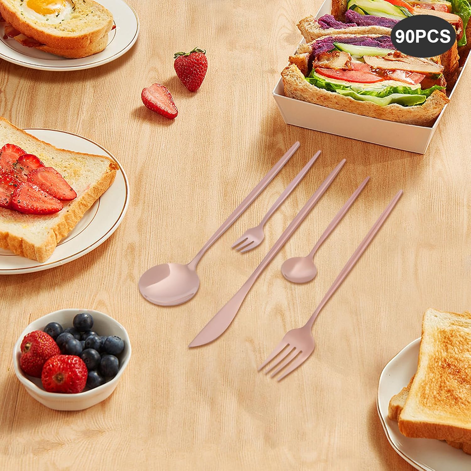 90PCS Rose Gold Cutlery Set Service for 18, Stainless Steel Flatware Set with Mirror Polish, Kitchen Dining Utensils Including Forks Knives Spoons, Dishwasher Safe Tableware for Home Restaurant