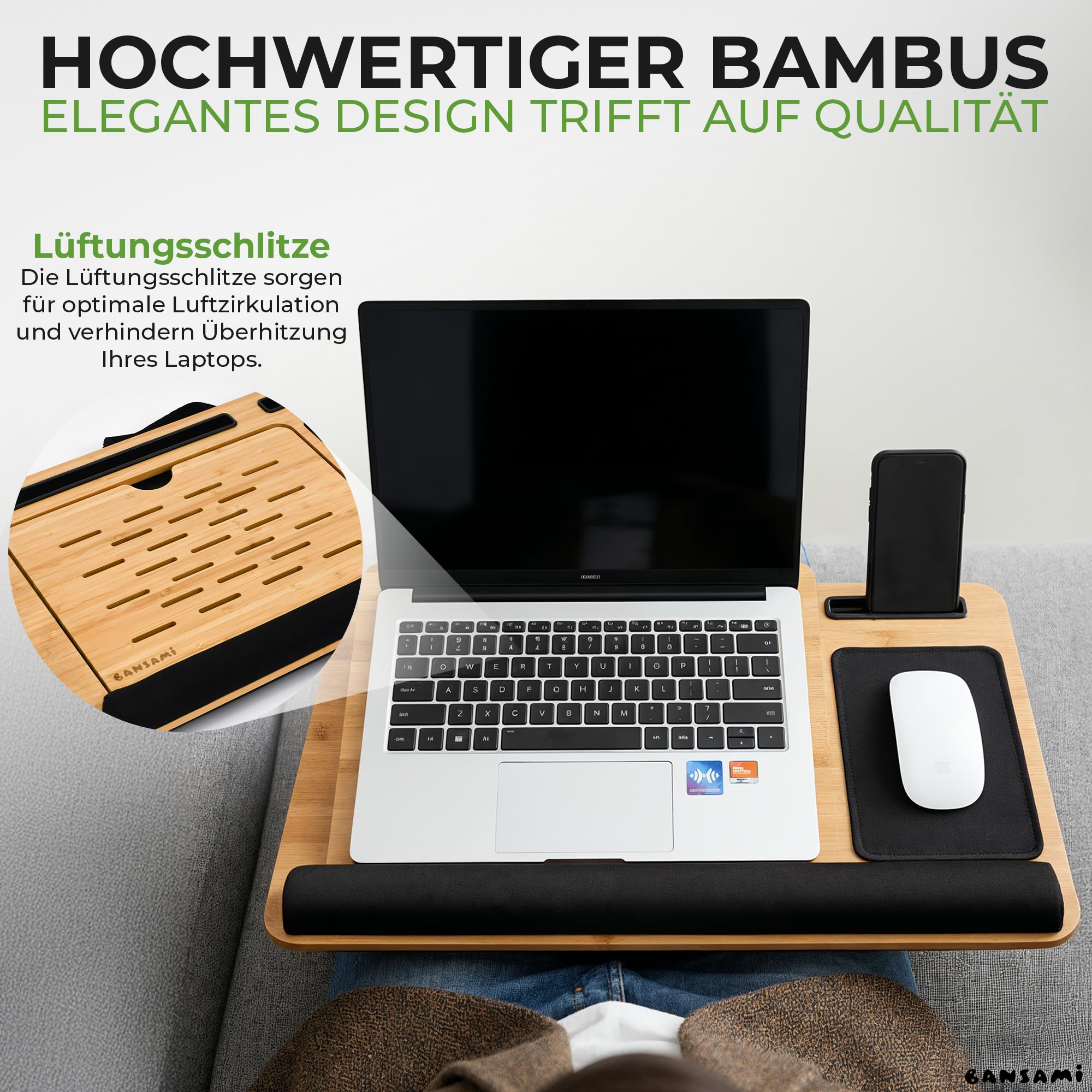 Knietablett Mit Kissen Aus Bambus, Verstellbare Laptop Unterlage Mit Handyhalter Und Mousepad, Laptop Unterlage Schoß Mit Handauflage, Lap Desk Laptopkissen Lapdesk Notebook