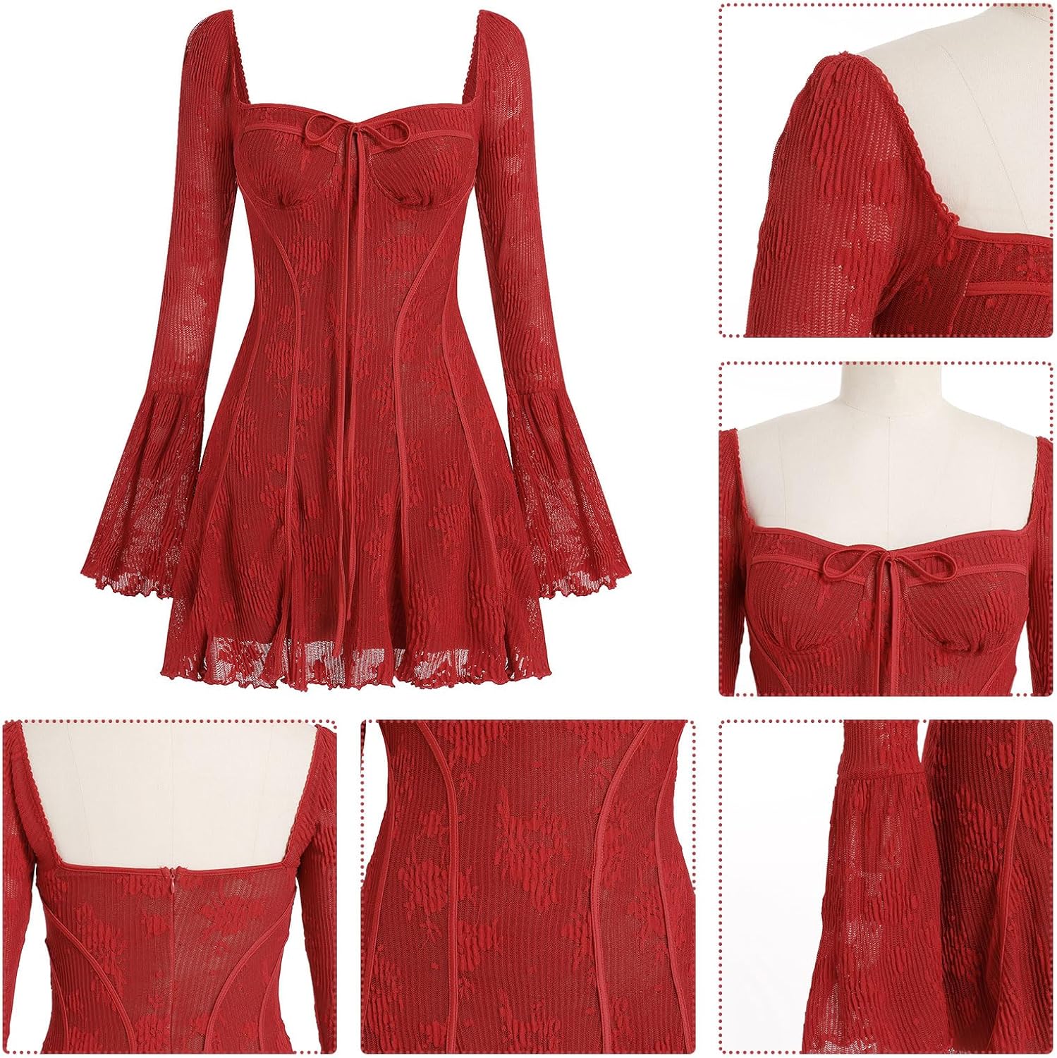 Women's Short Corset Y2k Mini Dress Long Sleeve Low Cut Lace Dress Vintage Solid Floral Party Dresses - Image 3