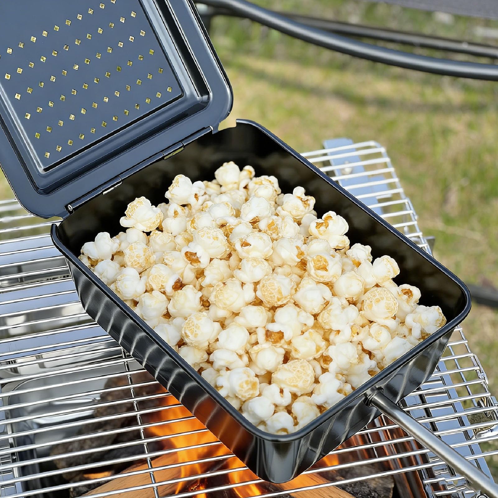 Luocute Macchina per Popcorn da Campeggio, Macchina per Popcorn Antiaderente con Manico in Legno per Casa da Campeggio All'aperto