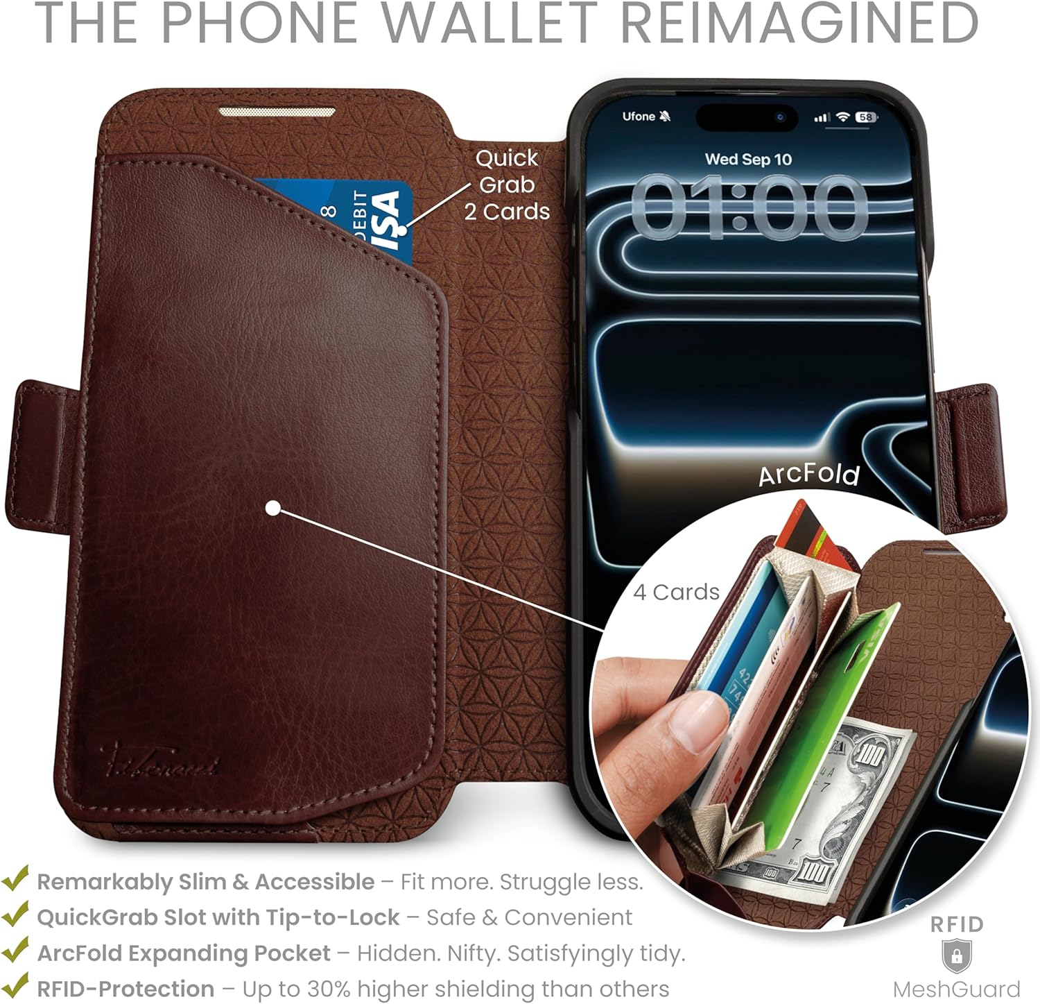 Dreem for iPhone 17 Case Wallet, Revolutionary Phone Stand, Vegan Leather, MagSafe-Fit, Magnetic Detachable Flip Cover, RFID Blocking Card Holder, Gift-Box [Fibonacci:Coffee]